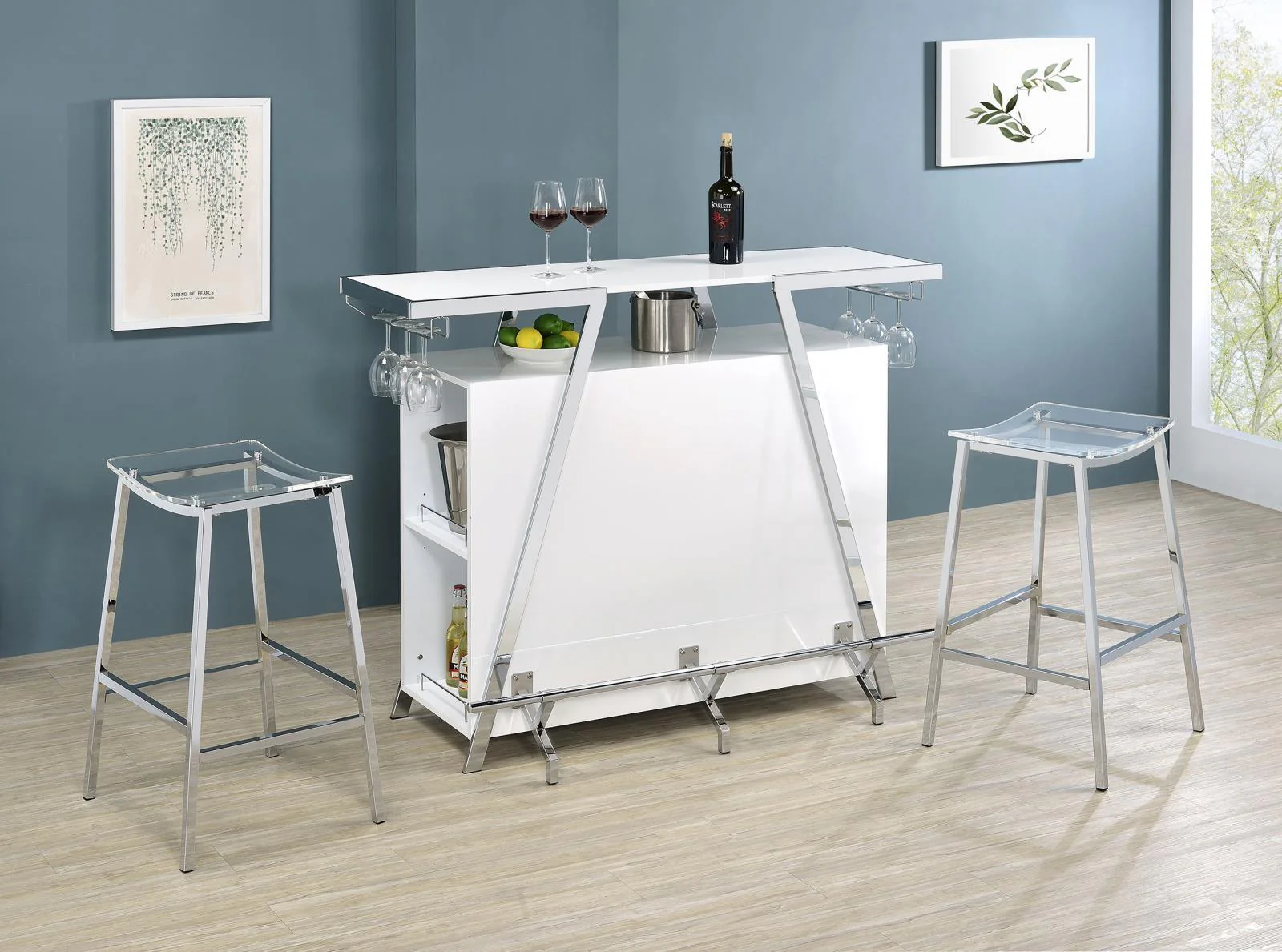 Araceli White Home Bar Wine Cabinet High Gloss and Chrome - Image 29