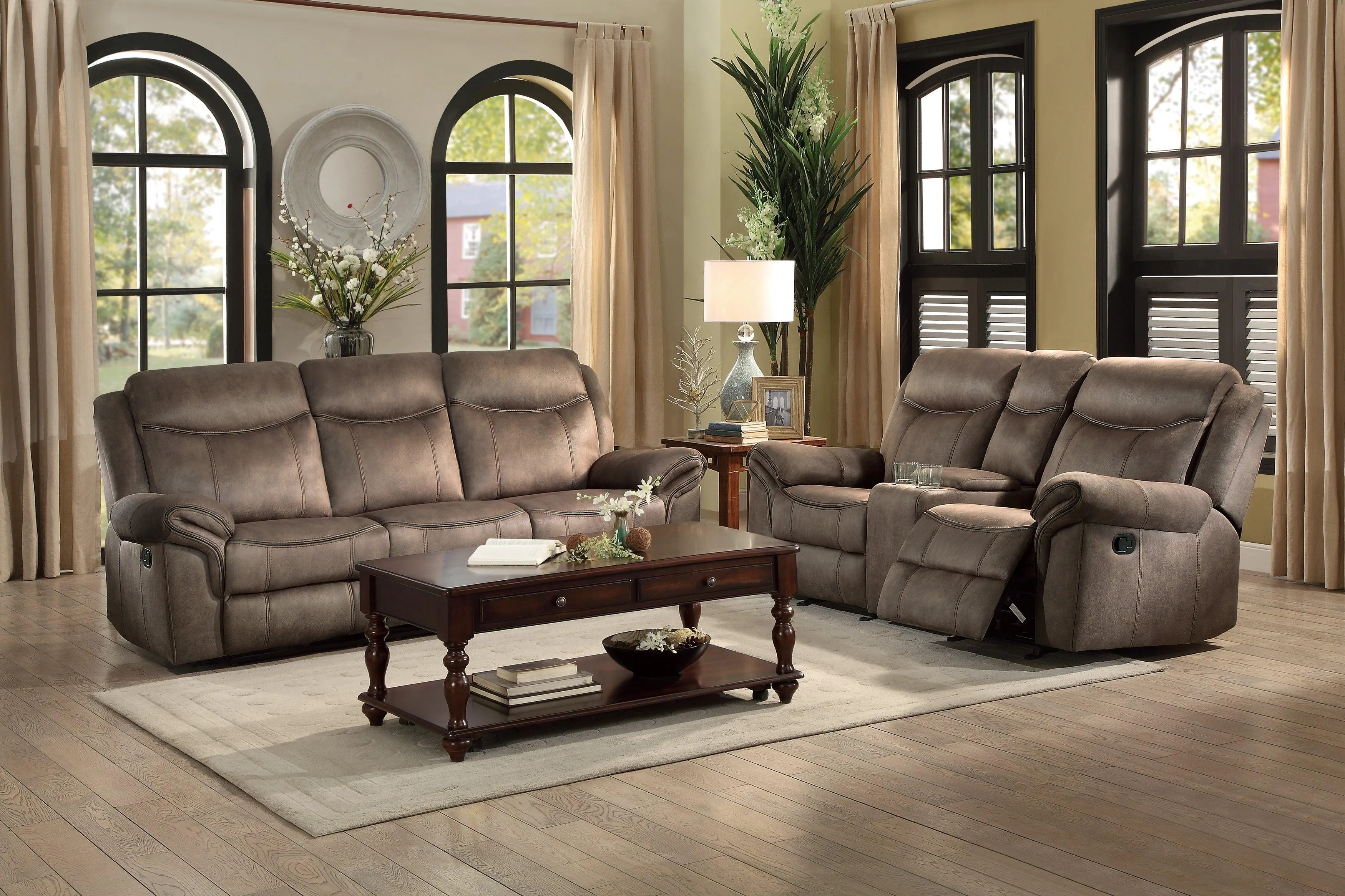 Aram Brown Fabric Double Glider Reclining Loveseat with Center Console, Receptacles and USB Ports - Image 4