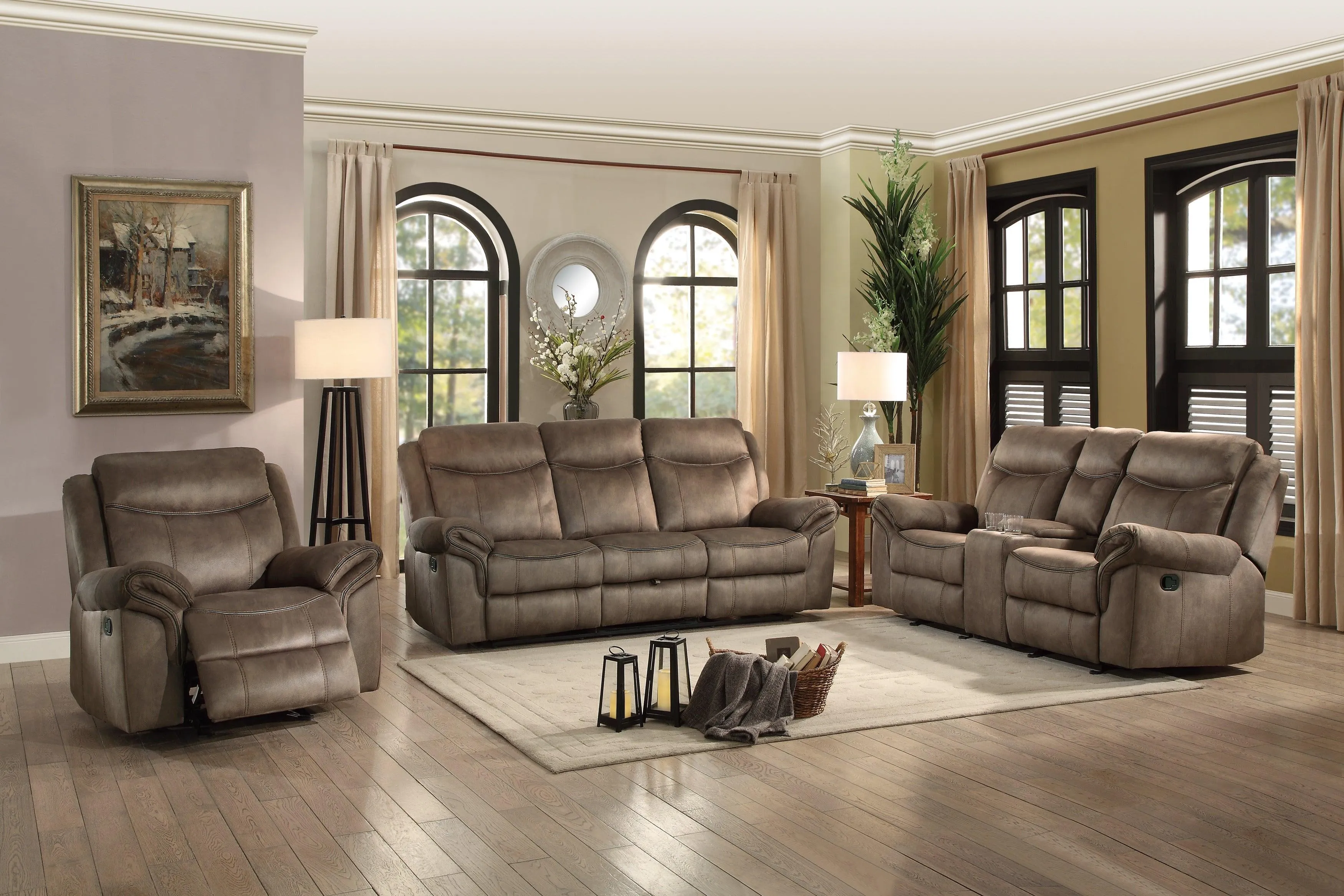 Aram Brown Fabric Double Glider Reclining Loveseat with Center Console, Receptacles and USB Ports - Image 5