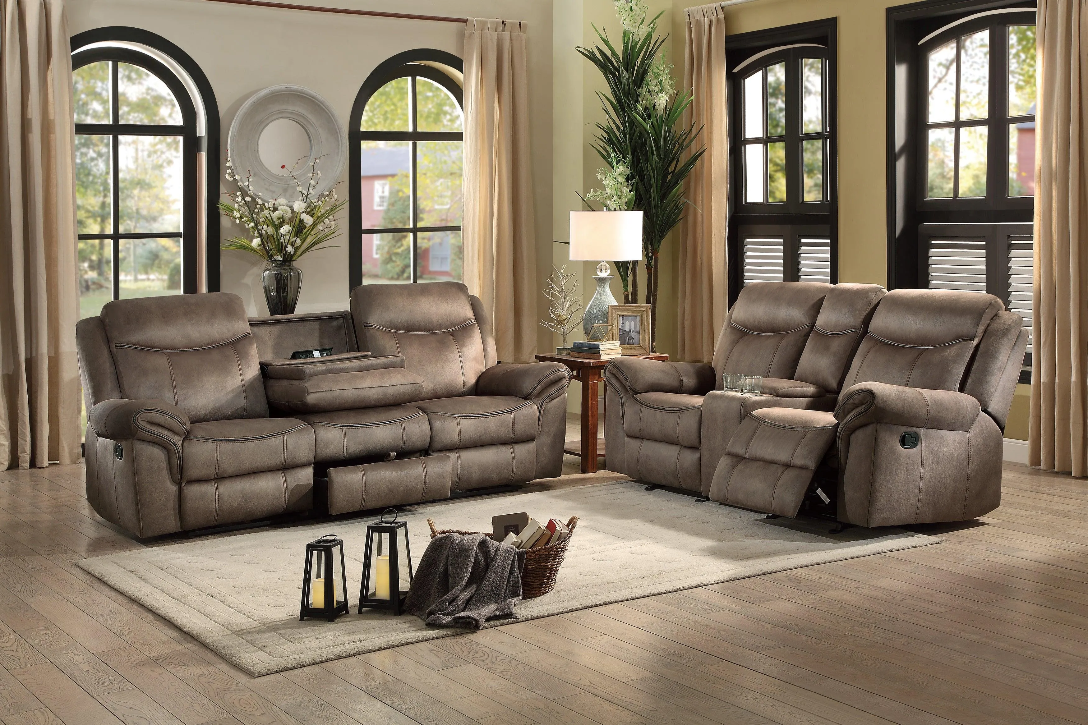 Aram Brown Fabric Double Glider Reclining Loveseat with Center Console, Receptacles and USB Ports - Image 6