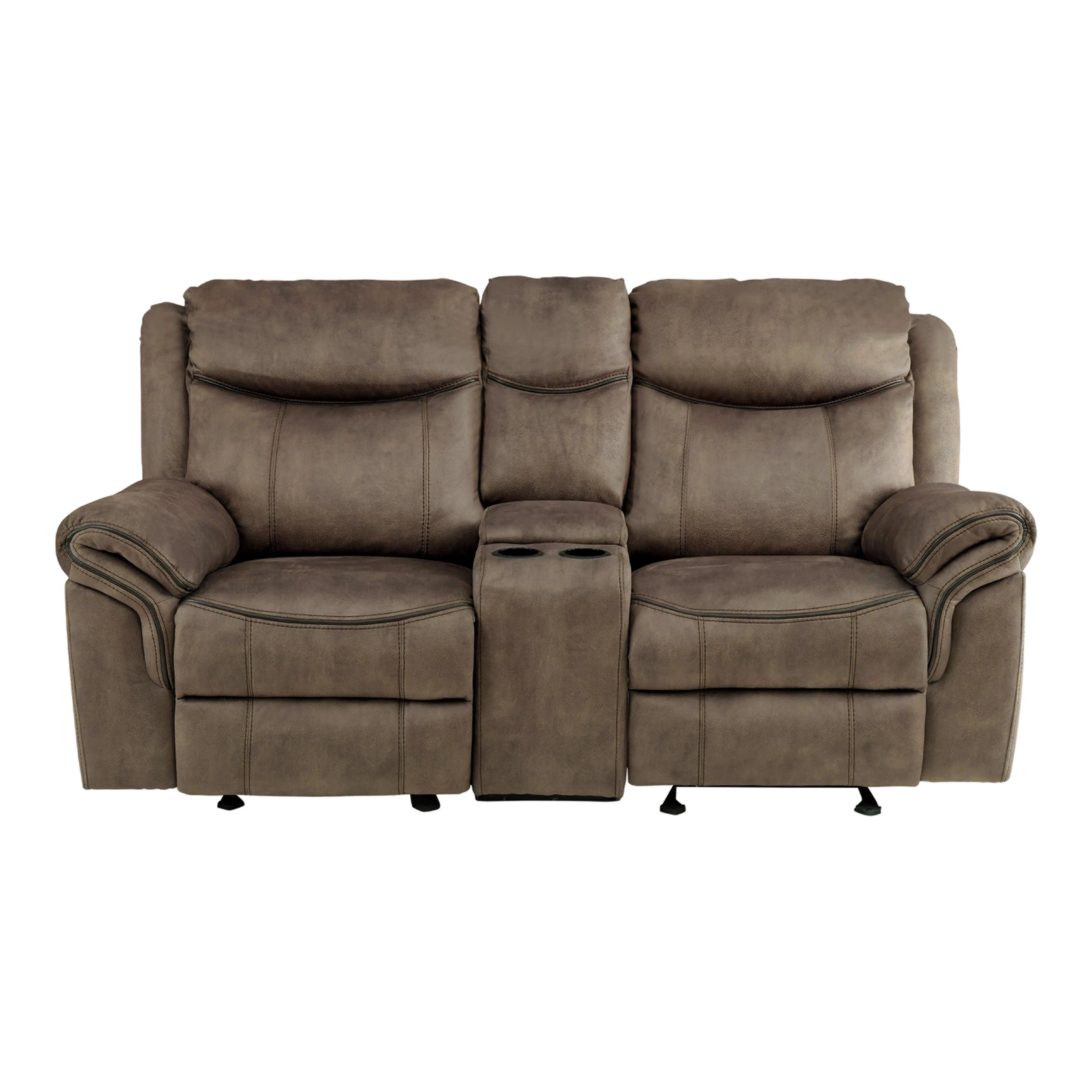 Aram Brown Fabric Double Glider Reclining Loveseat with Center Console, Receptacles and USB Ports - Image 8