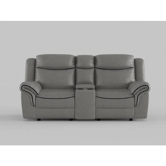 Aram Gray Faux Leather Double Glider Reclining Loveseat with Center Console, Receptacles and USB Ports - Image 2