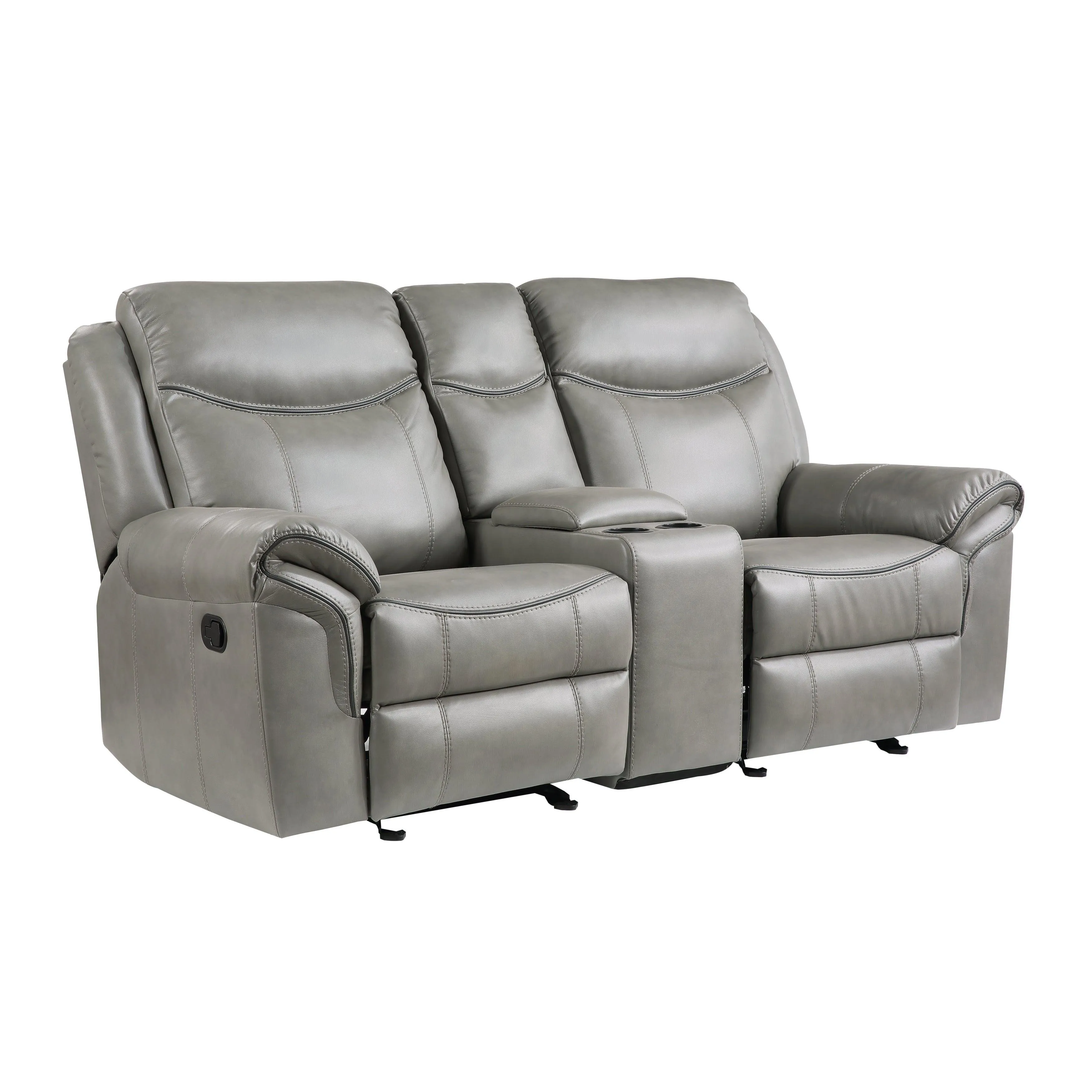 Aram Gray Faux Leather Double Glider Reclining Loveseat with Center Console, Receptacles and USB Ports - Image 4