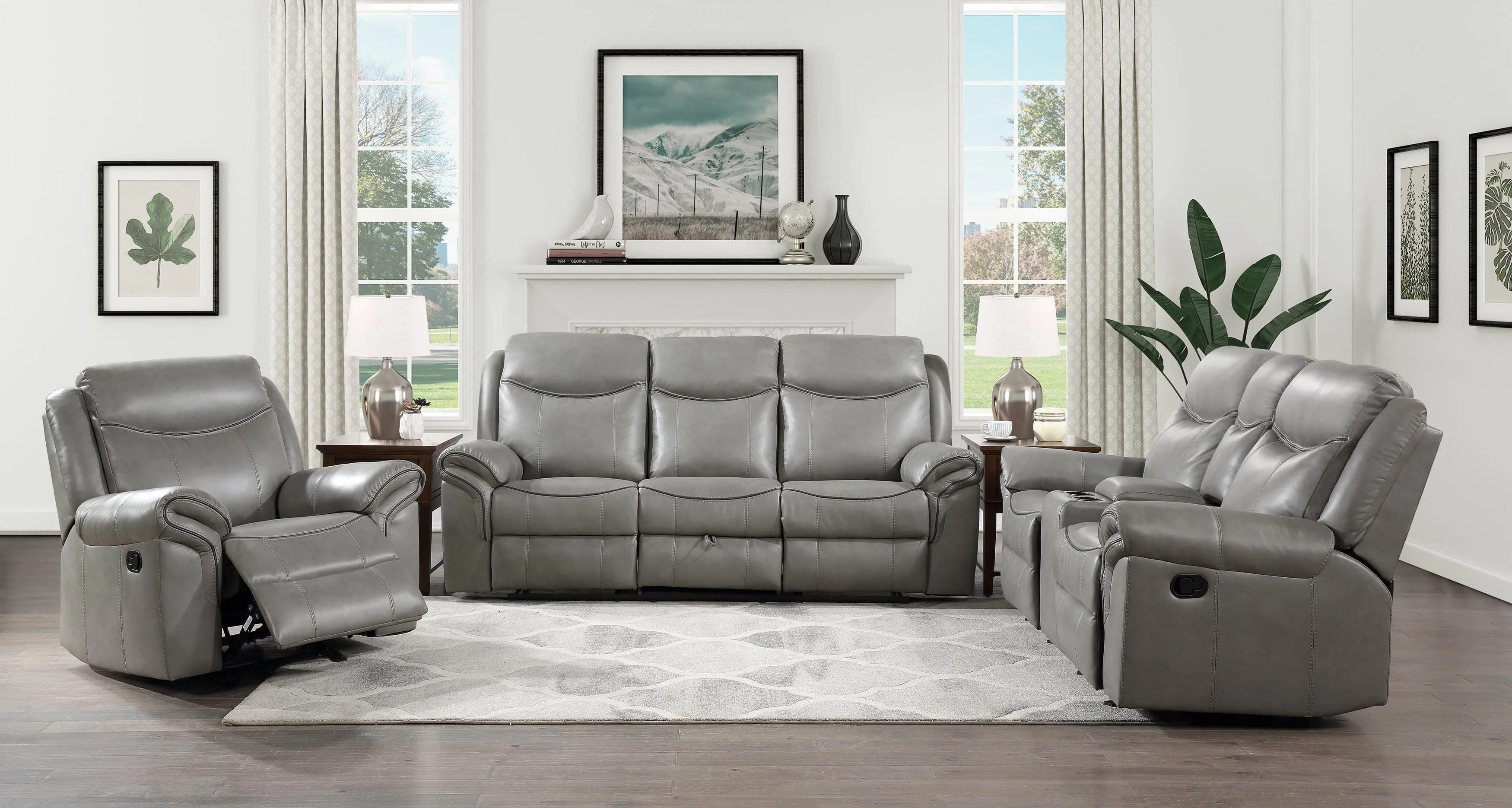 Aram Gray Faux Leather Double Glider Reclining Loveseat with Center Console, Receptacles and USB Ports - Image 8