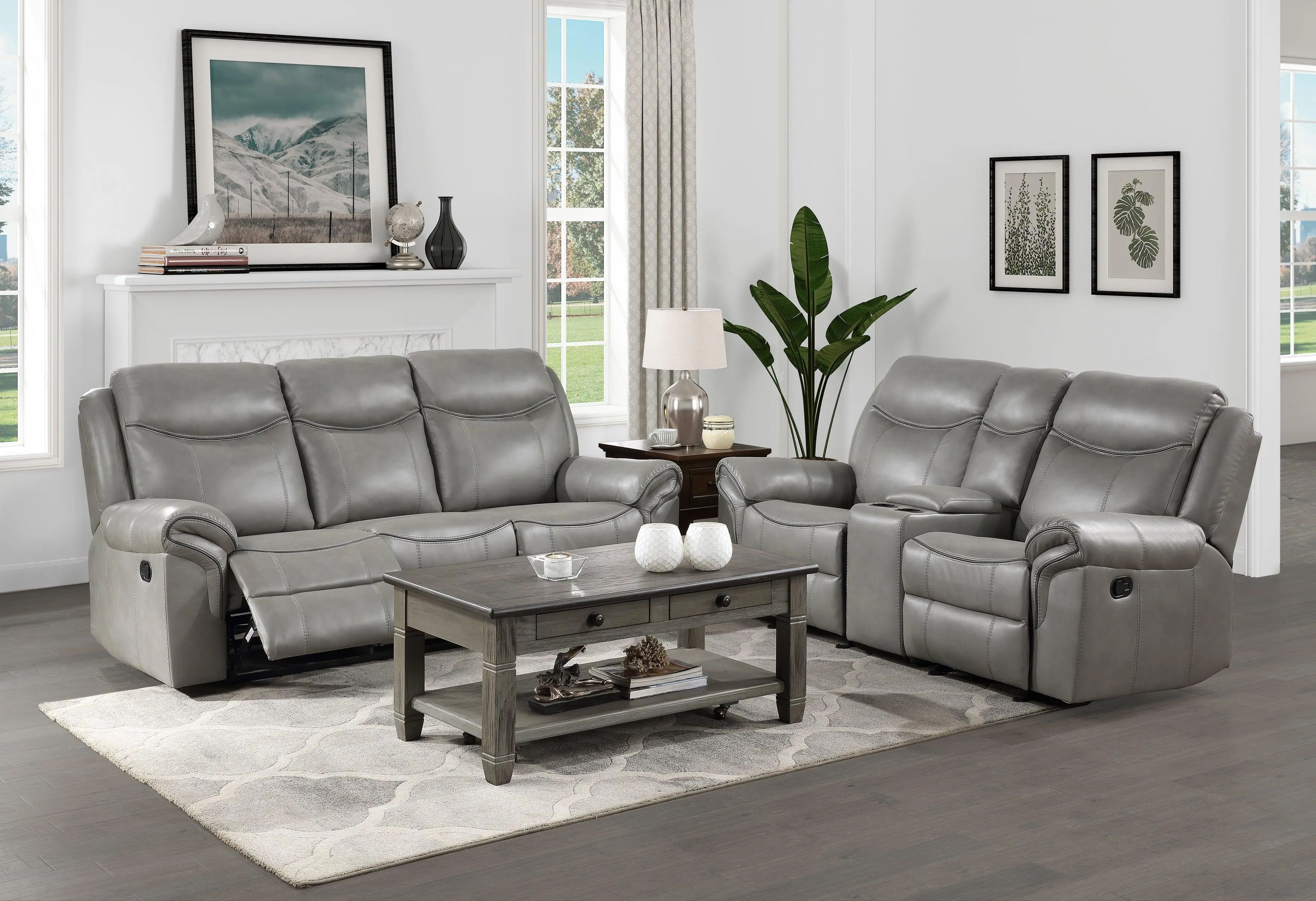 Aram Gray Faux Leather Double Reclining Sofa - Image 3
