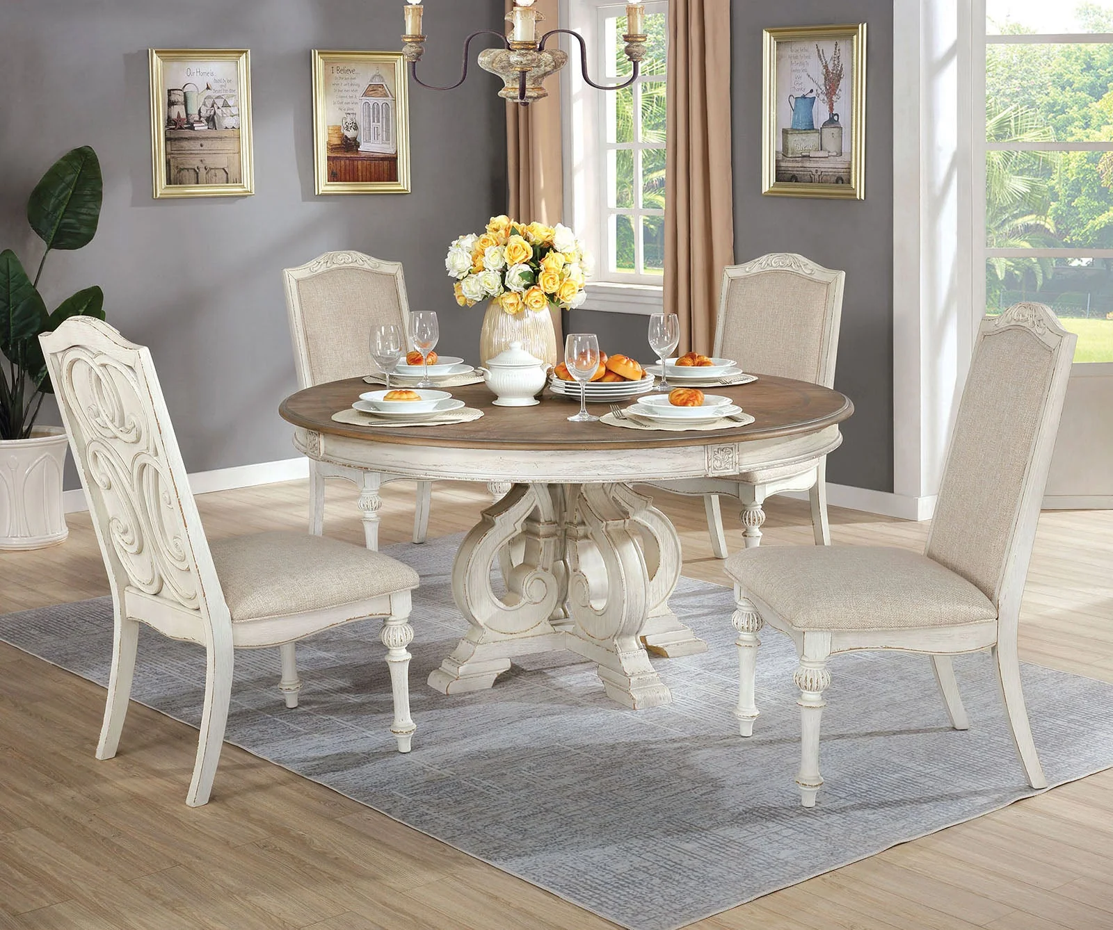 Arcadia Antique White/Ivory 5 Pc Round Dining Table Set