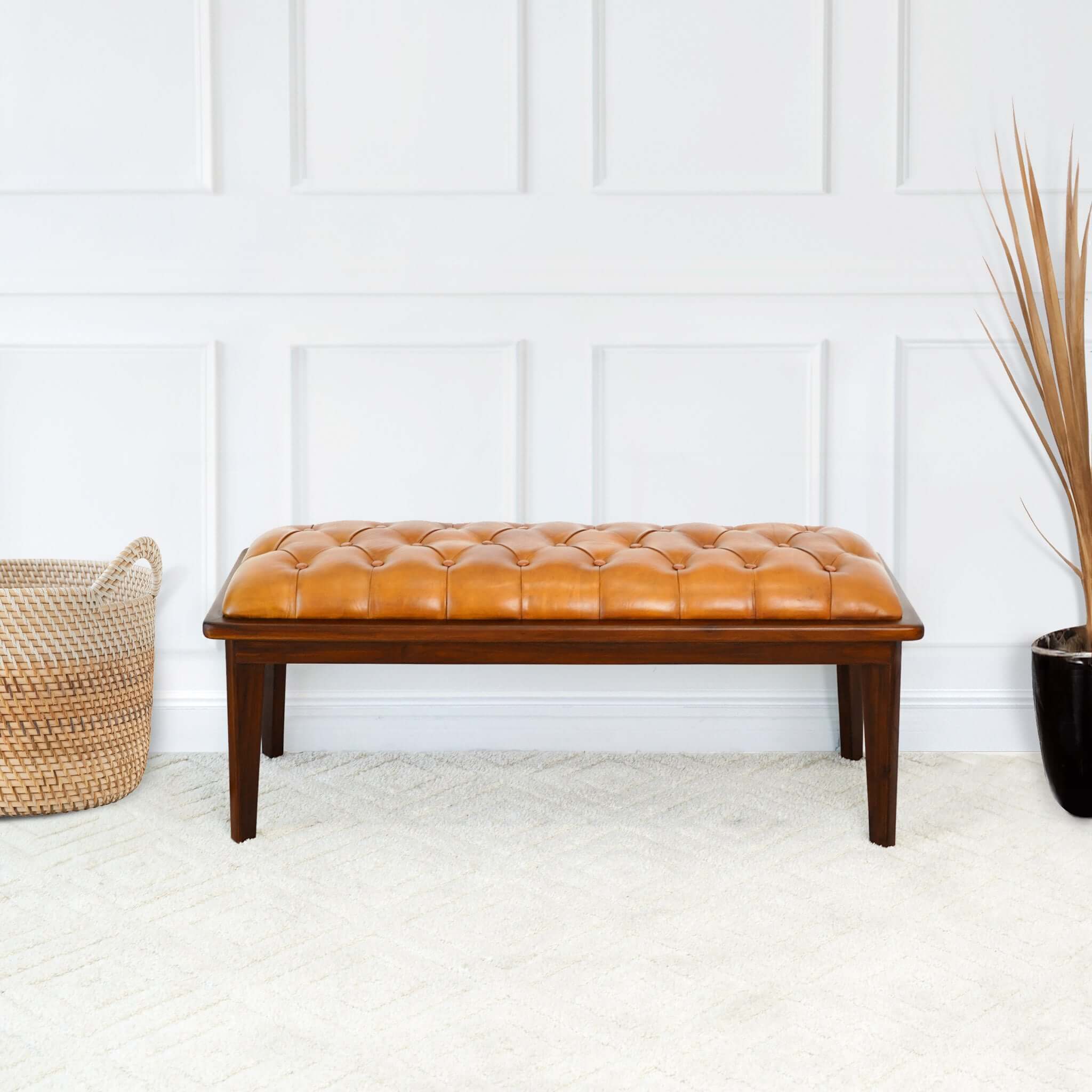 Arden Tan Leather Bench With Buttons - Image 3