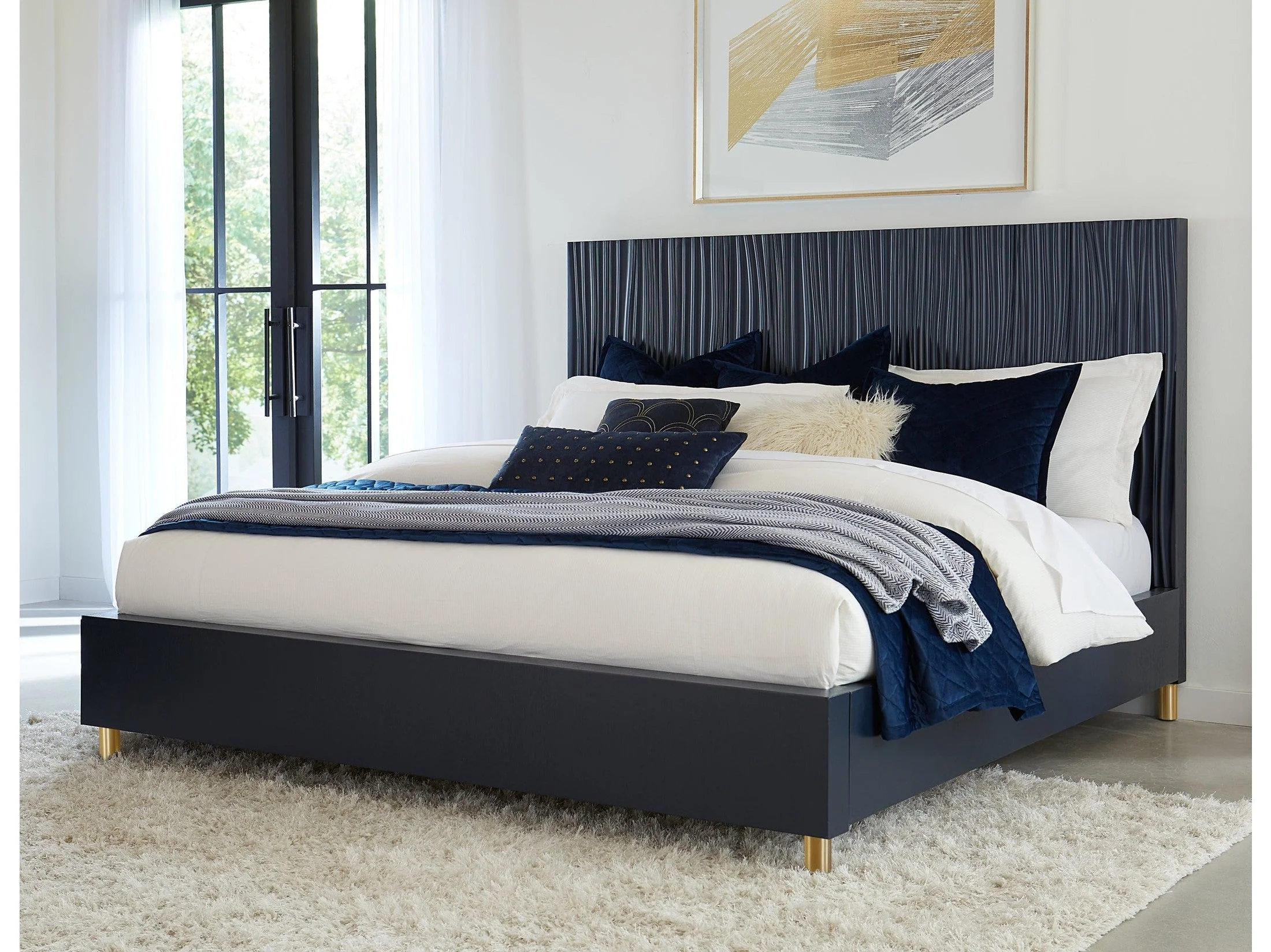 Argento Wave-Patterned Queen Bed in Navy Blue and Burnished Brass
