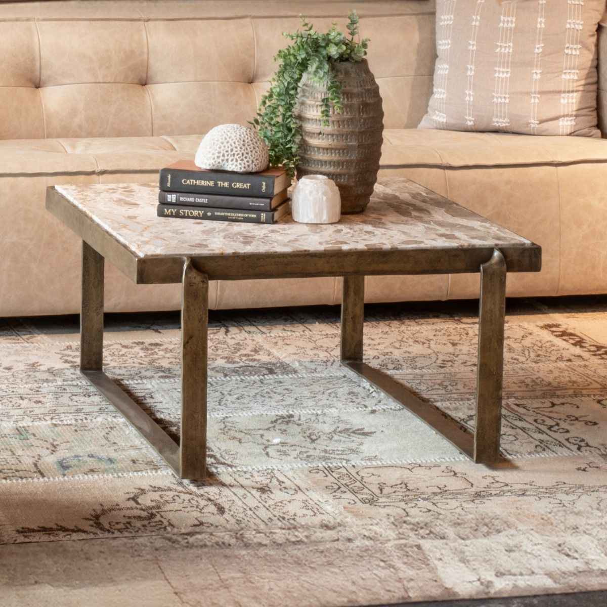 Argos 32" Coffee Table with Marble and Antique Brass - Image 3