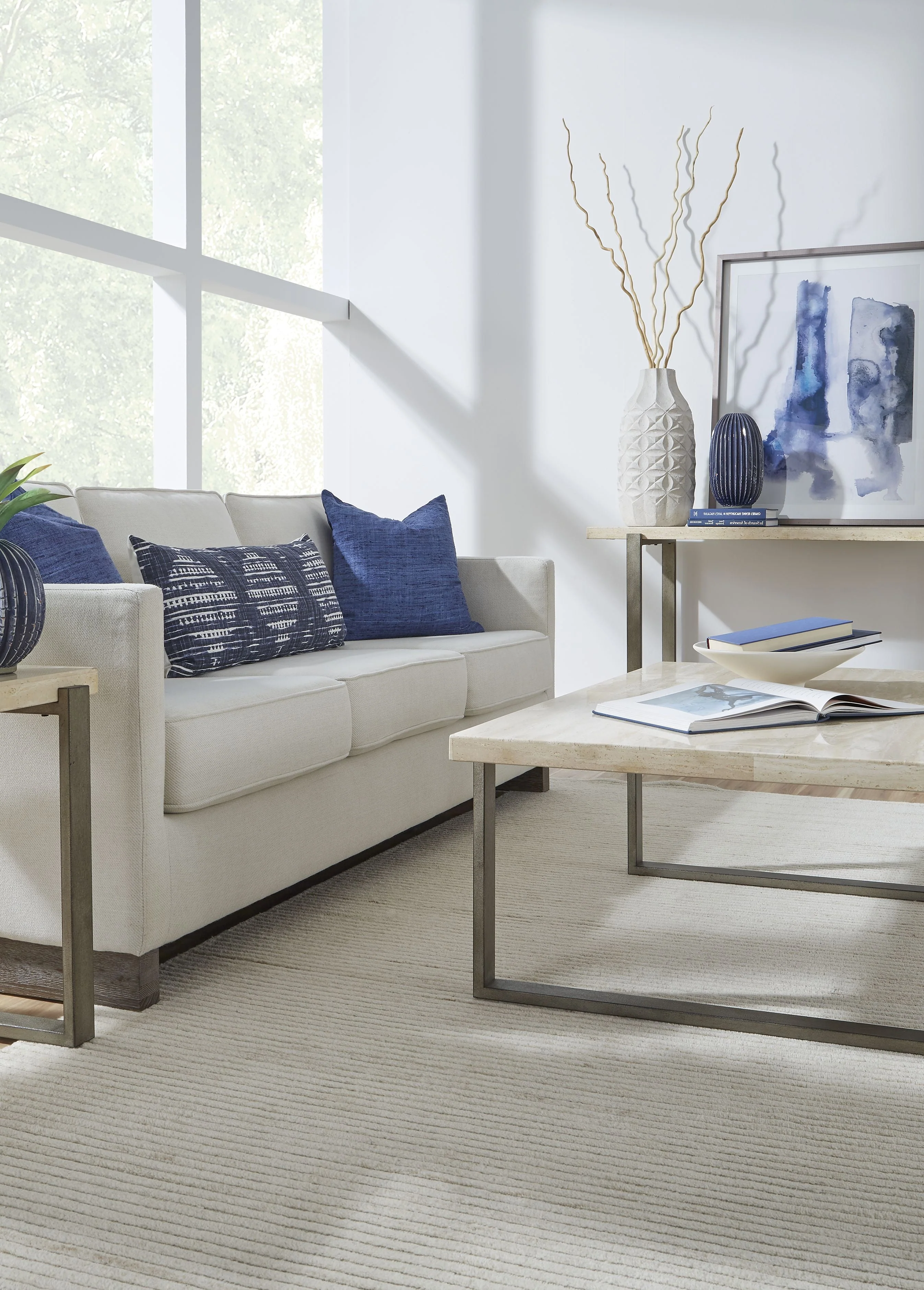 Ariela Natural Travertine Coffee Table with Bronze Metal Base - Image 3