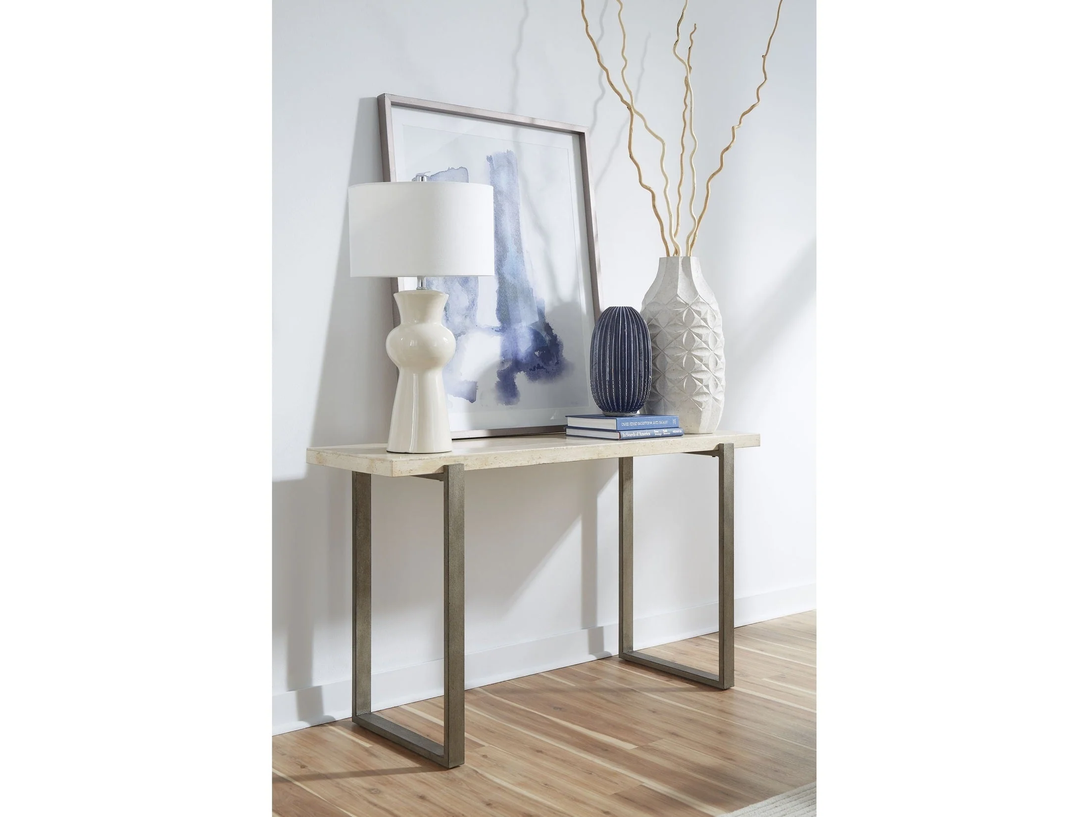Ariela Natural Travertine Console Table with Bronze Metal Base