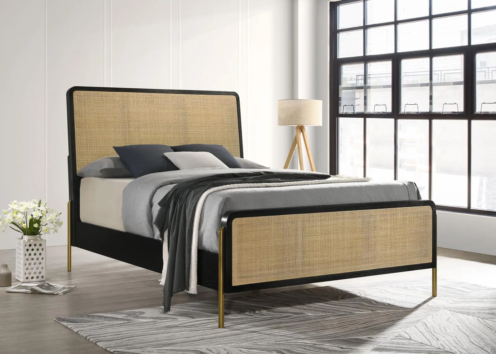 Arini Black and Natural Queen Bed with Woven Rattan Headboard