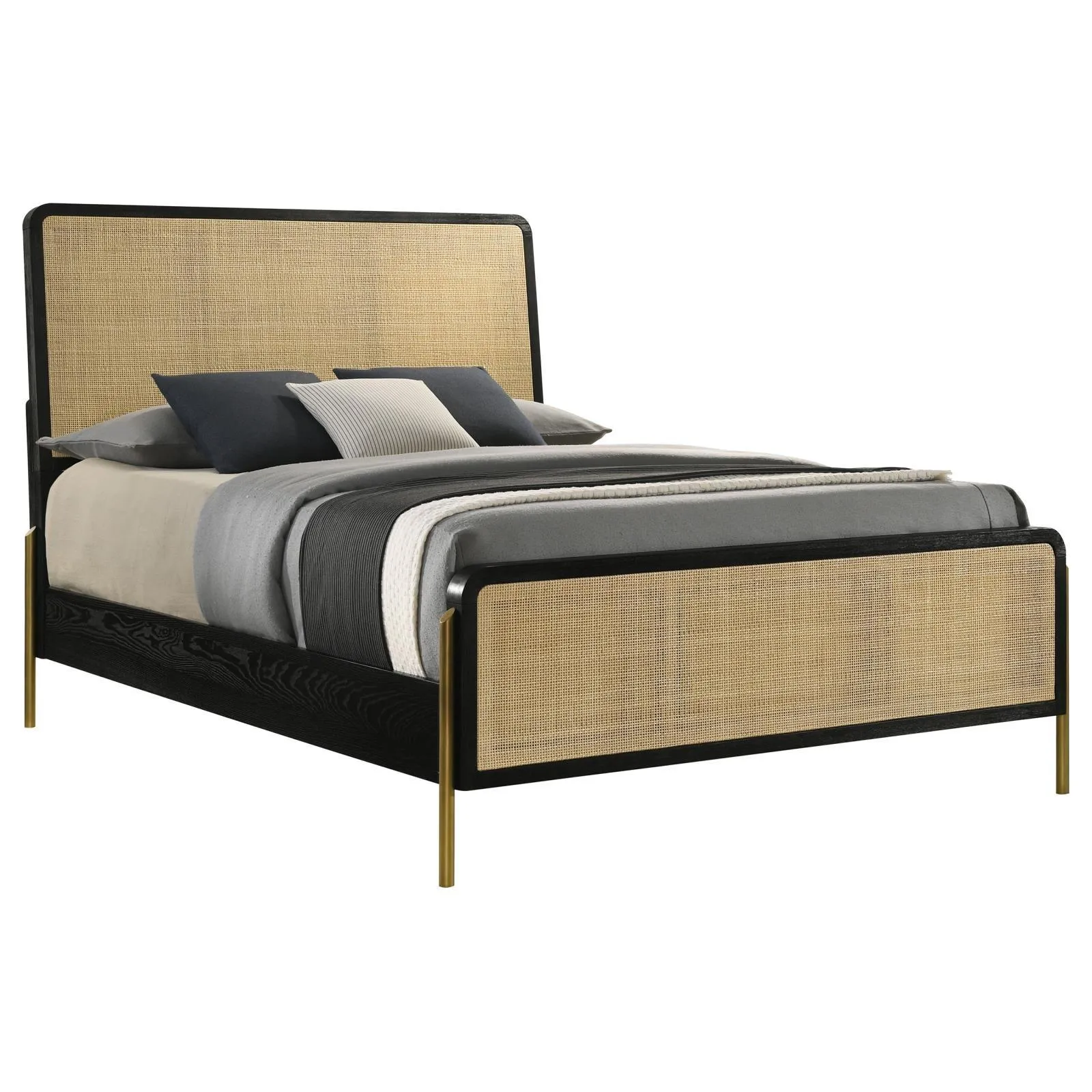 Arini Black and Natural Queen Bed with Woven Rattan Headboard - Image 2