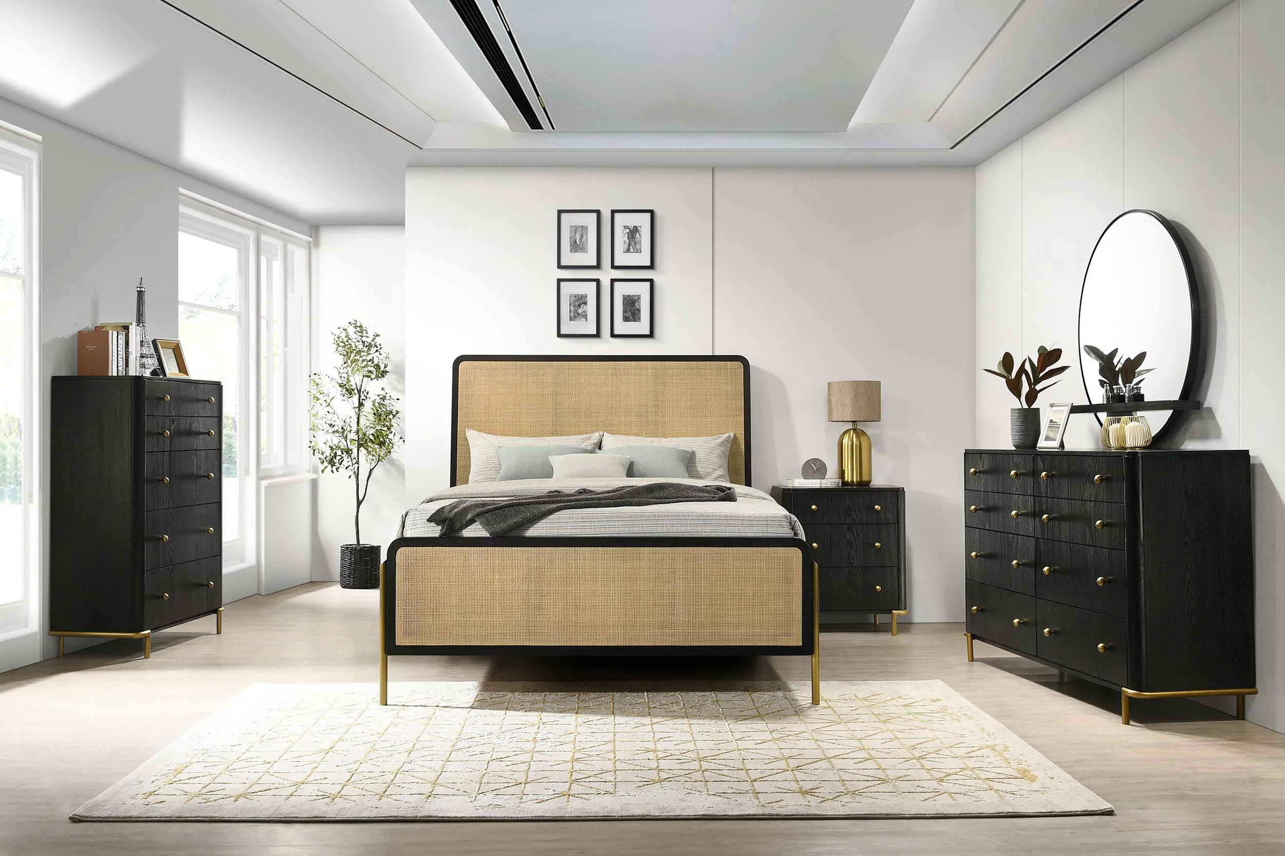 Arini Black and Natural Rattan California King Panel Bed - Image 11