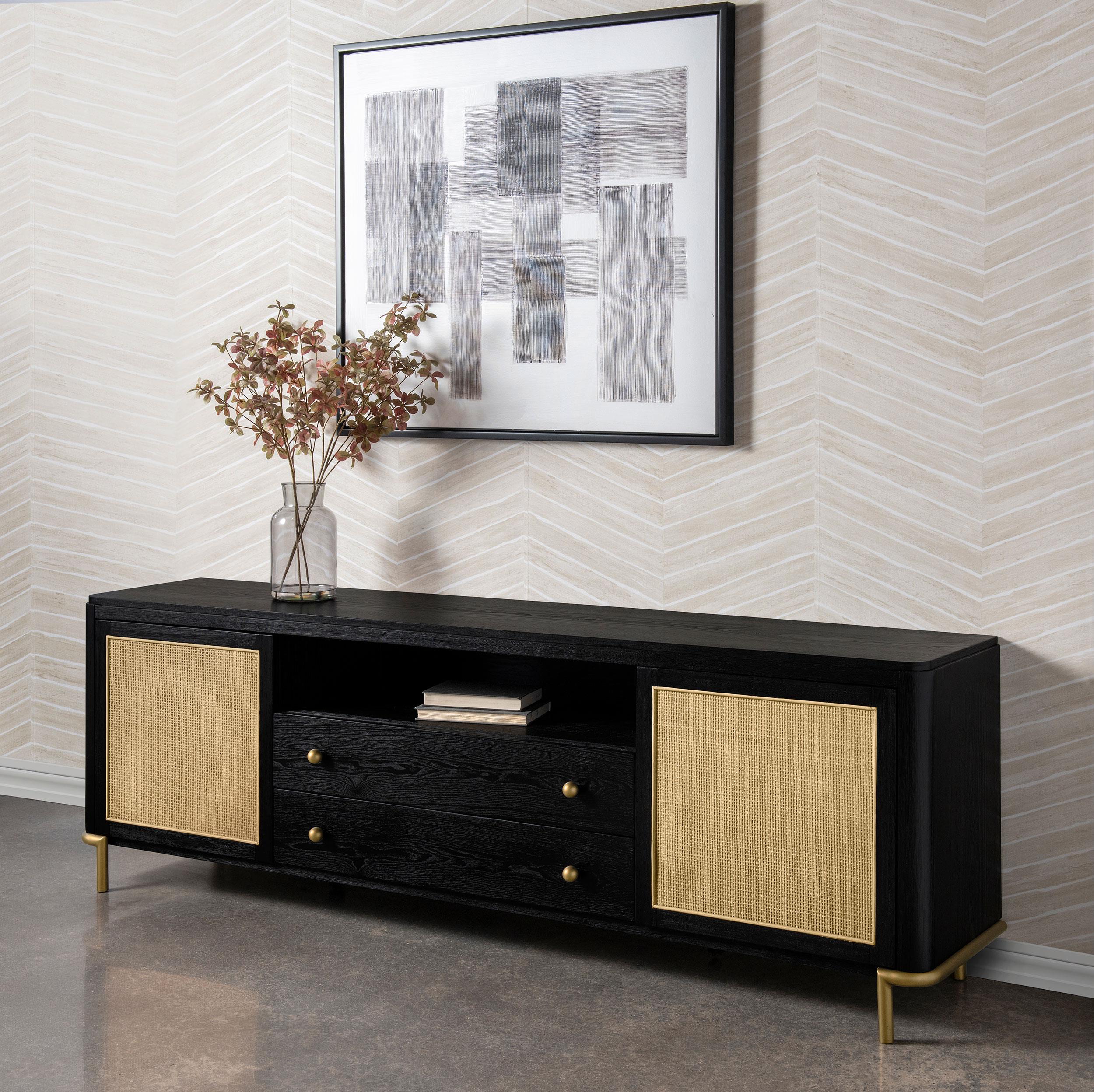 Arini Black Rattan Cane 2-Door TV Stand Media Console - Image 2