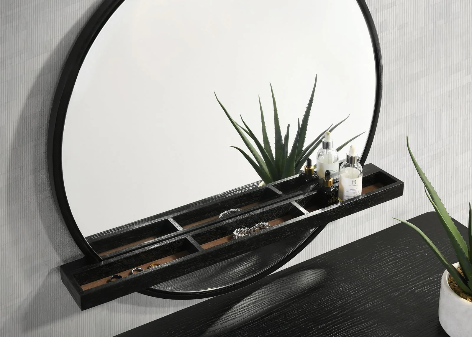 Arini Black Round Vanity Wall Mirror with Shelf - Image 3