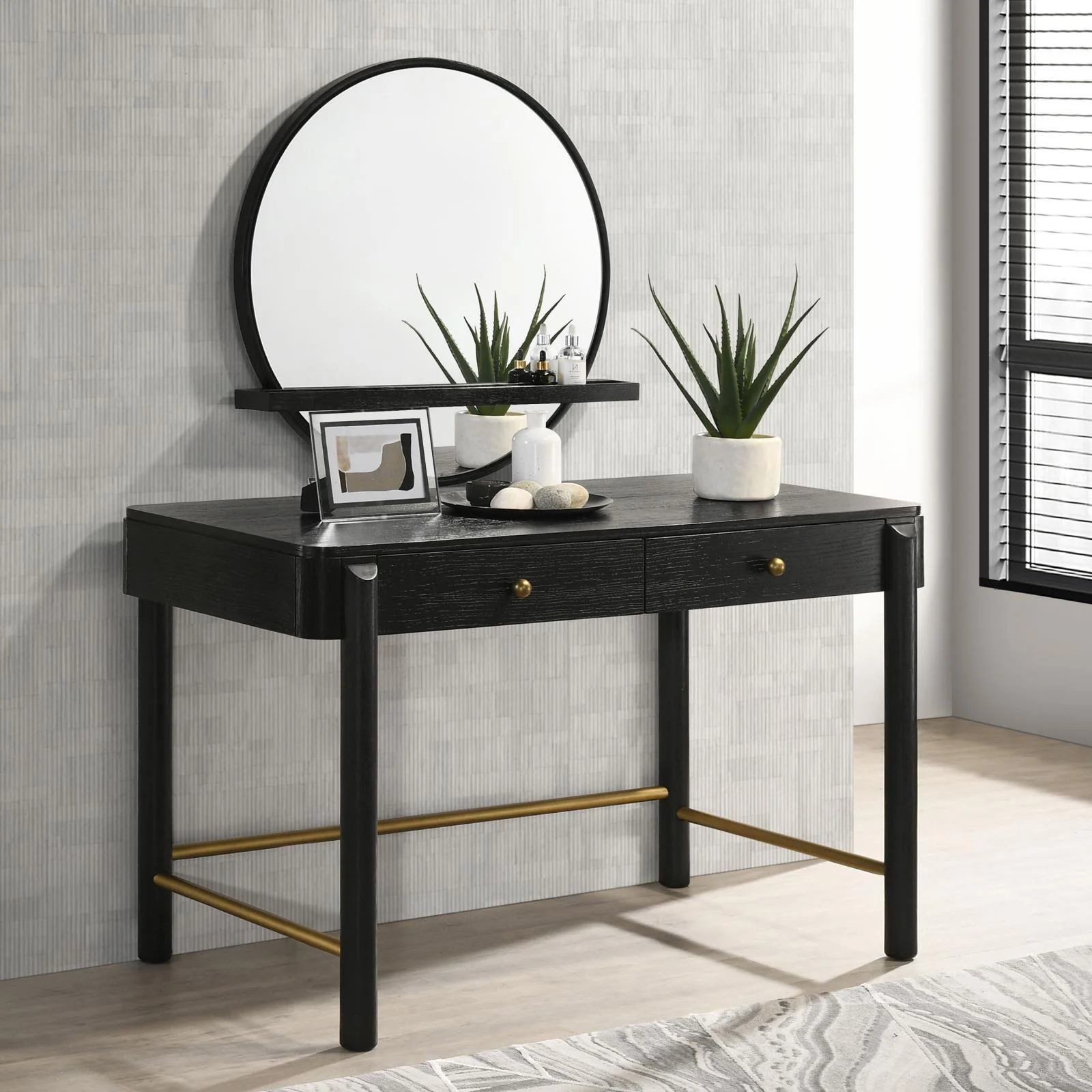 Arini Black Round Vanity Wall Mirror with Shelf - Image 6