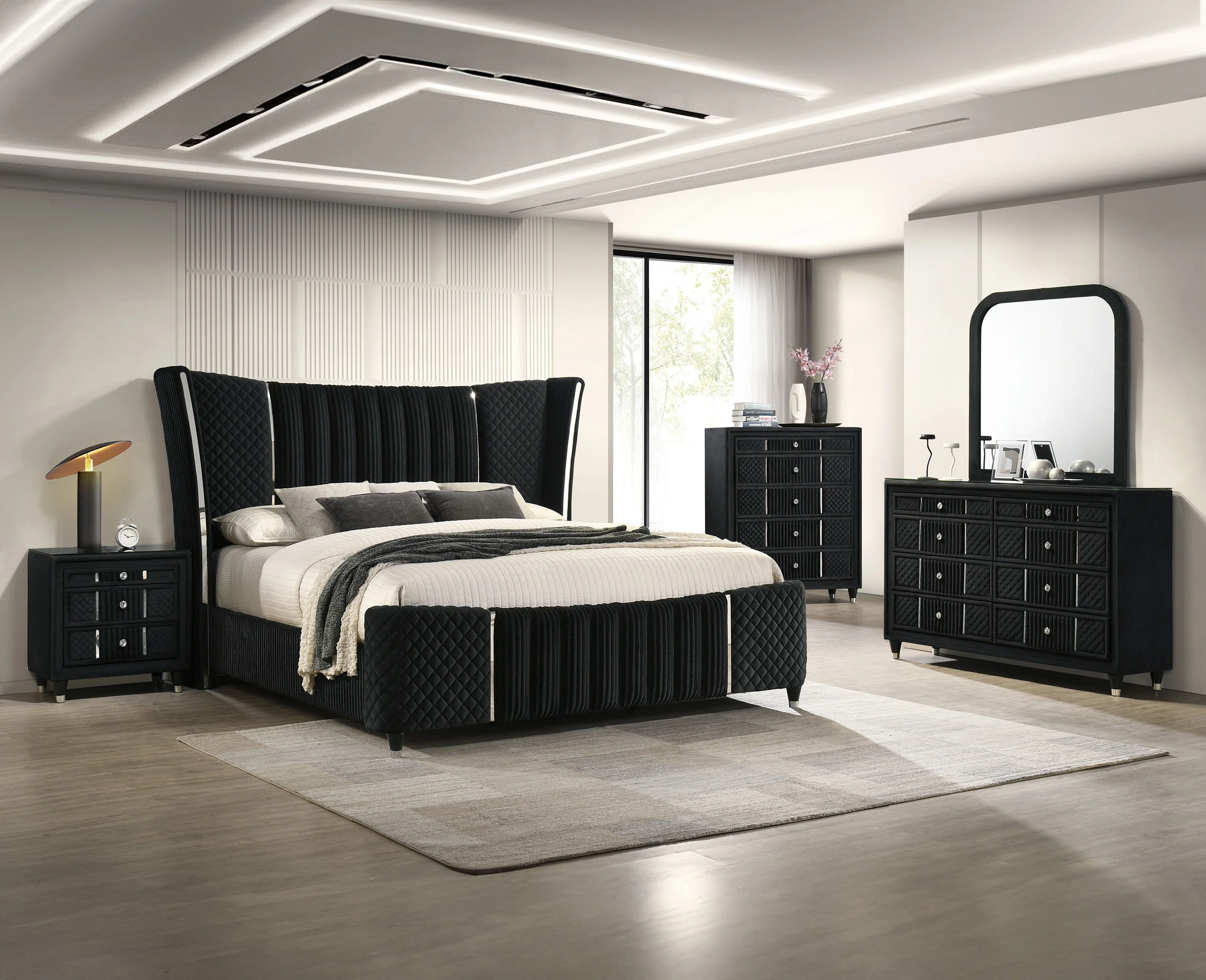 Armany Black Upholstered Wingback Panel Bedroom Set