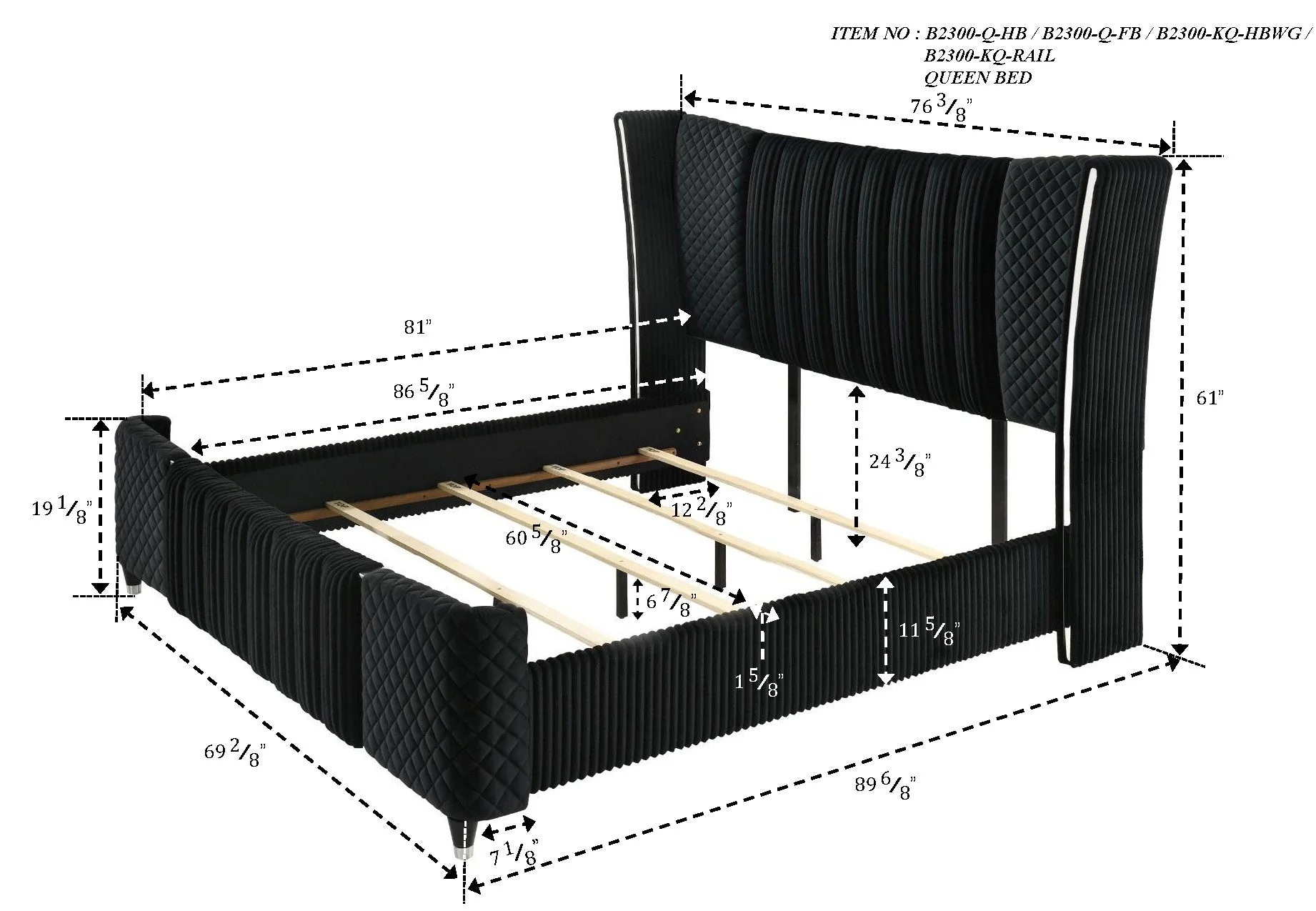 Armany Black Upholstered Wingback Panel Bedroom Set - Image 6