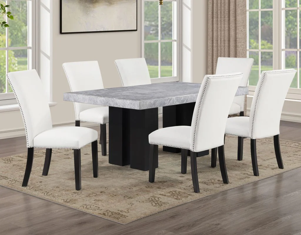 Artemis 5-Piece Dining Room Set 70″ Rect Gray Marble Table, Black Finish w/4 White Vegan Leather Chairs - Image 2