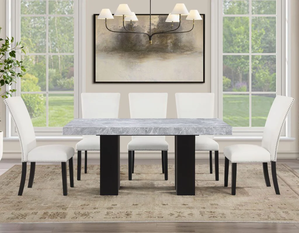 Artemis 5-Piece Dining Room Set 70″ Rect Gray Marble Table, Black Finish w/4 White Vegan Leather Chairs - Image 3