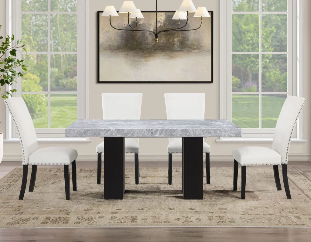 Artemis 5-Piece Dining Room Set 70″ Rect Gray Marble Table, Black Finish w/4 White Vegan Leather Chairs - Image 4