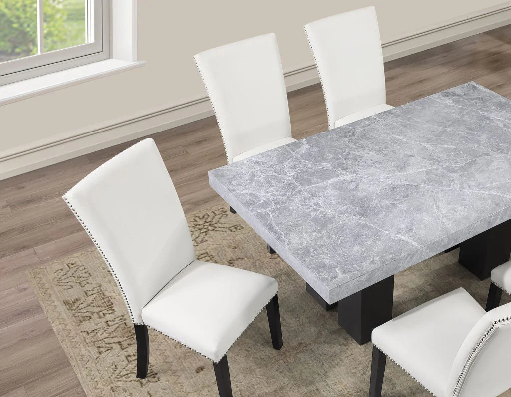 Artemis 5-Piece Dining Room Set 70″ Rect Gray Marble Table, Black Finish w/4 White Vegan Leather Chairs - Image 5