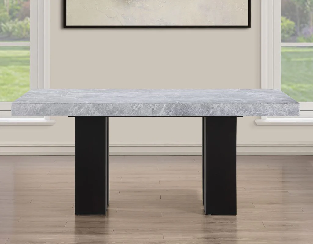 Artemis 5-Piece Dining Room Set 70″ Rect Gray Marble Table, Black Finish w/4 White Vegan Leather Chairs - Image 7