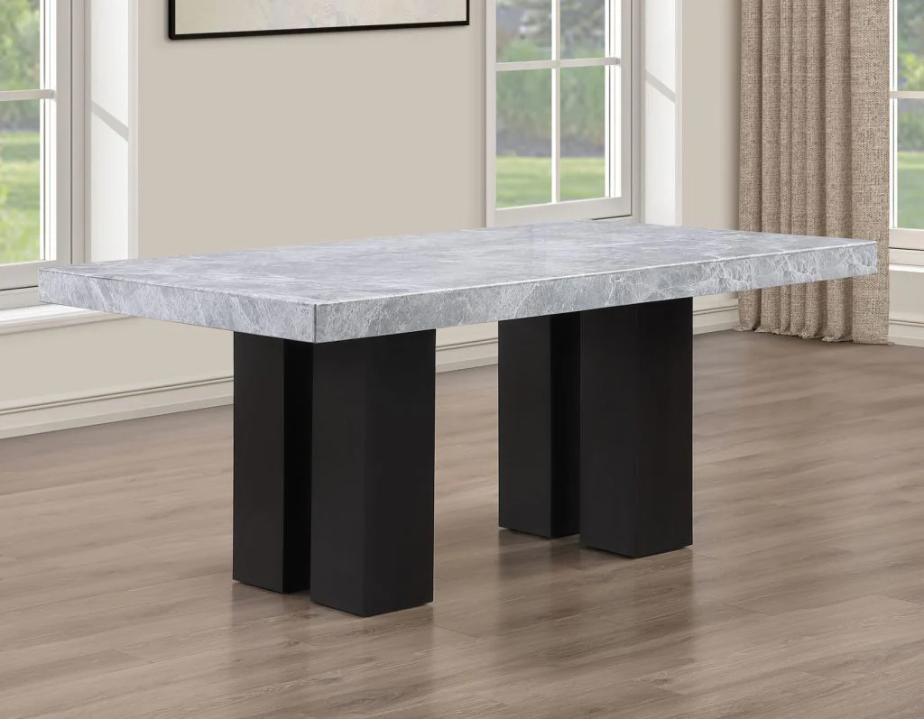Artemis 5-Piece Dining Room Set 70″ Rect Gray Marble Table, Black Finish w/4 White Vegan Leather Chairs - Image 8