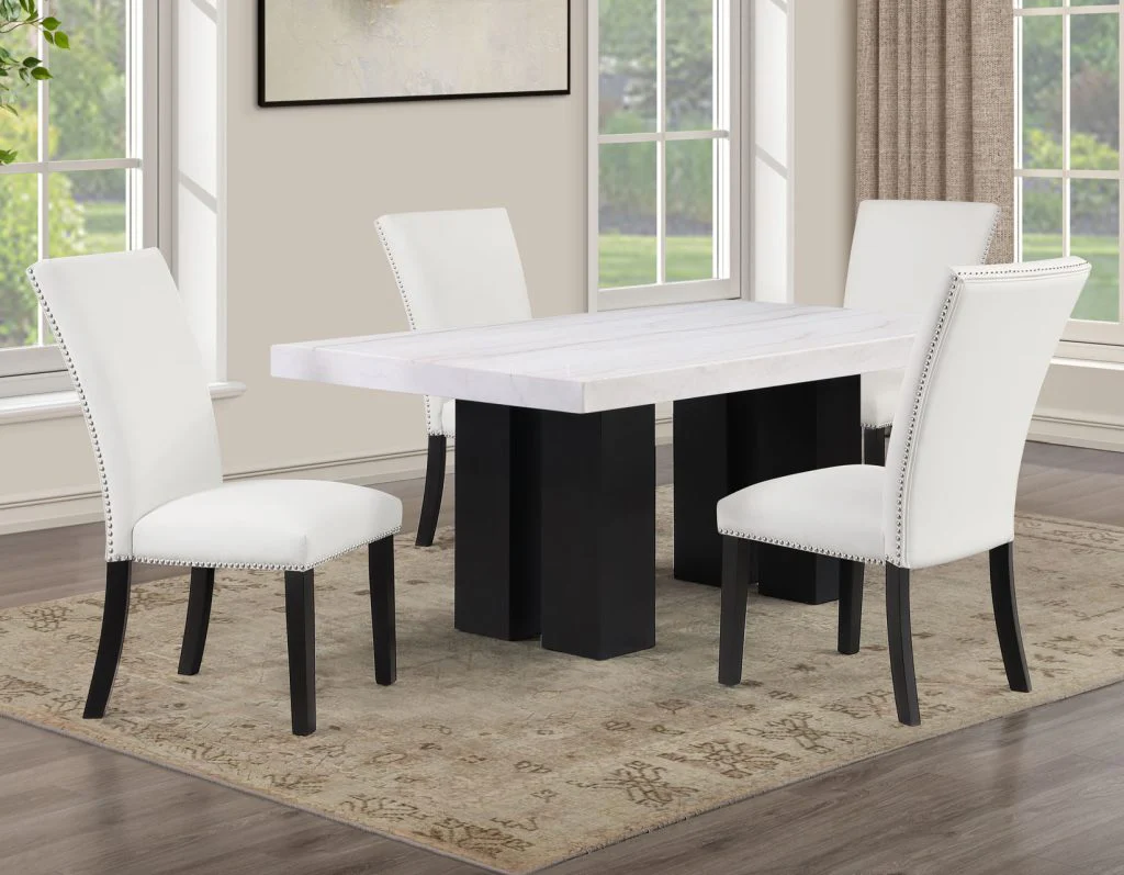 Artemis 5-Piece Dining Room Set 70″ Rect White Marble Table, Black Finish w/4 White Vegan Leather Chairs - Image 4