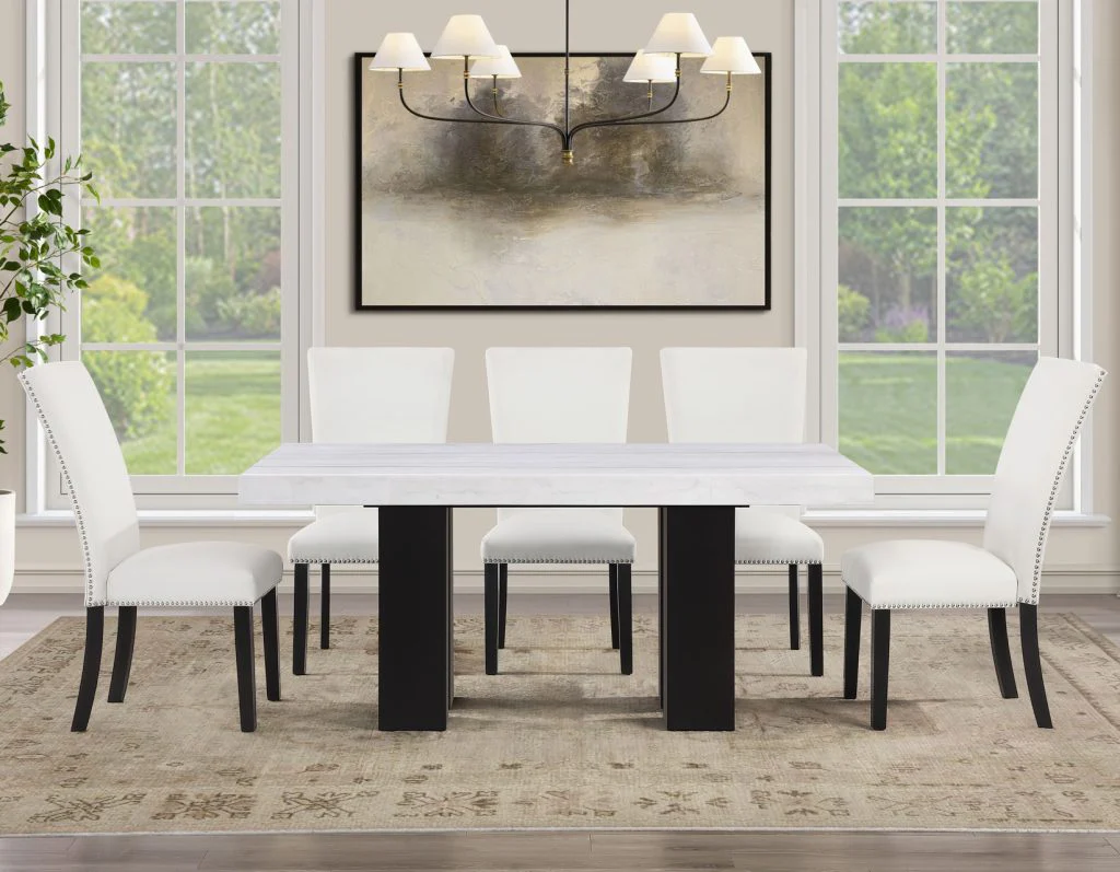 Artemis 5-Piece Dining Room Set 70″ Rect White Marble Table, Black Finish w/4 White Vegan Leather Chairs - Image 6