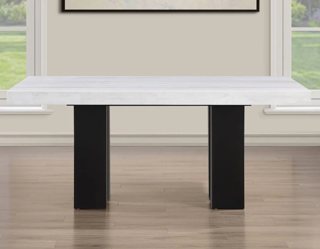 Artemis 5-Piece Dining Room Set 70″ Rect White Marble Table, Black Finish w/4 White Vegan Leather Chairs - Image 7