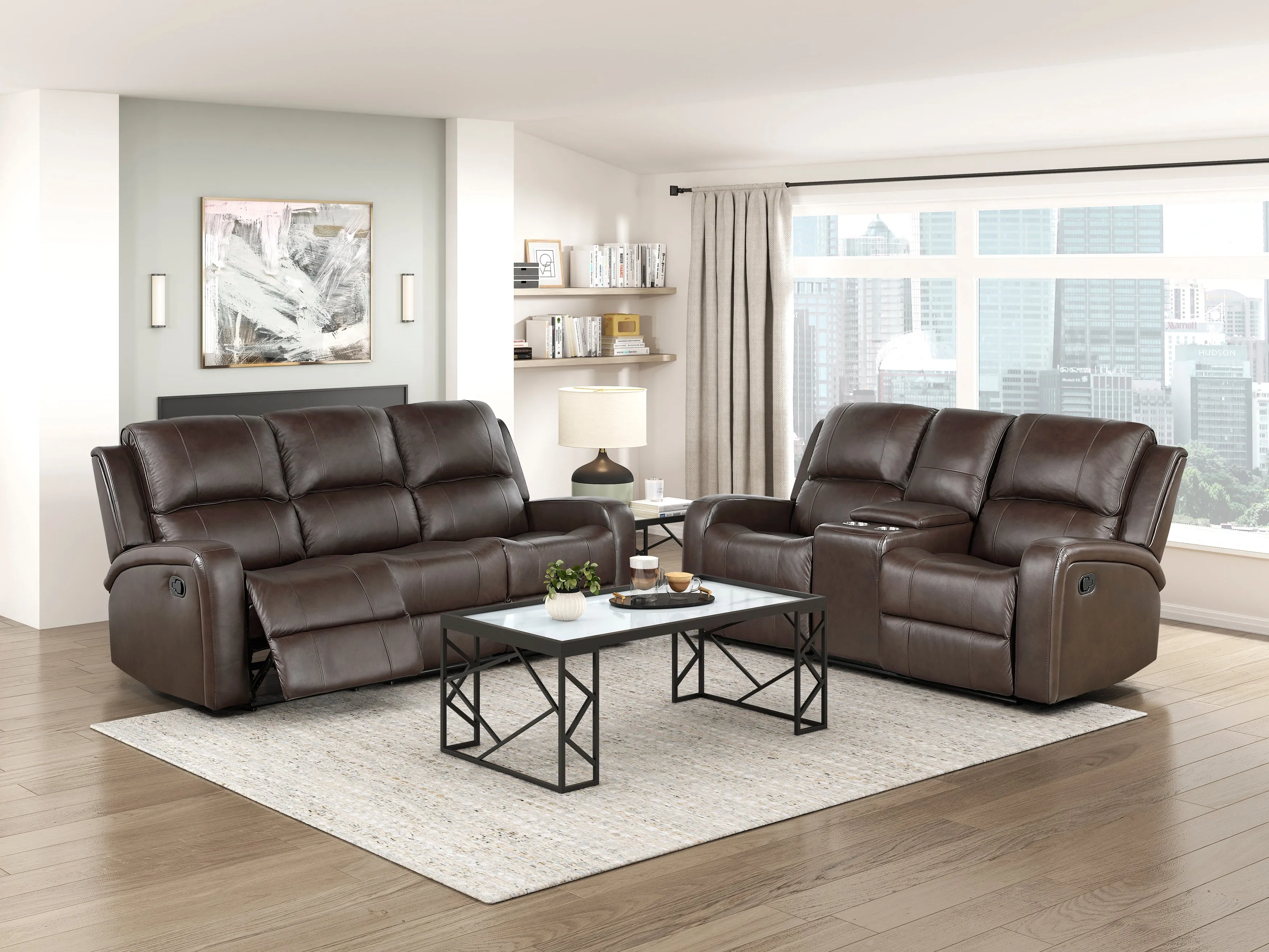 Austin Brown Genuine Leather Double Reclining Loveseat with Center Console - Image 7