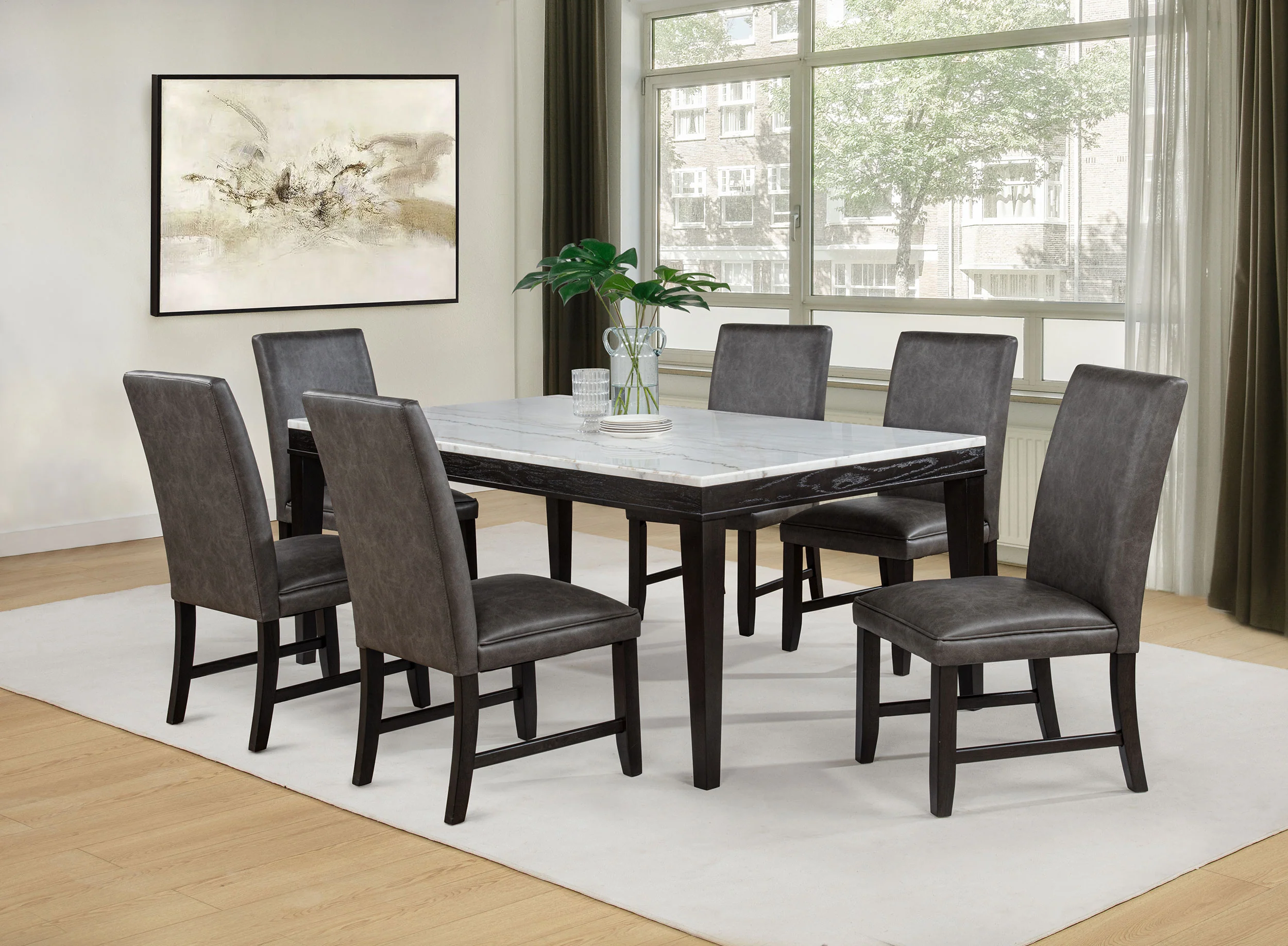 Averill Dark Grey and Coffee Bean 7-piece White Marble Top Dining Set