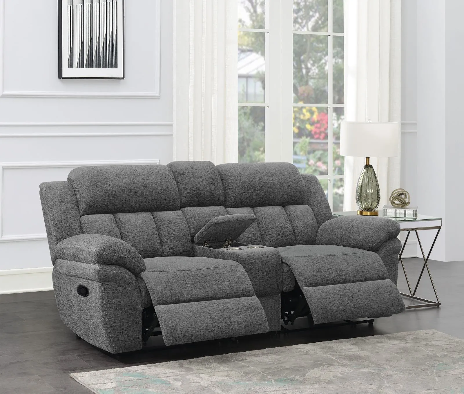 Bahrain Charcoal Upholstered Motion Loveseat with Console