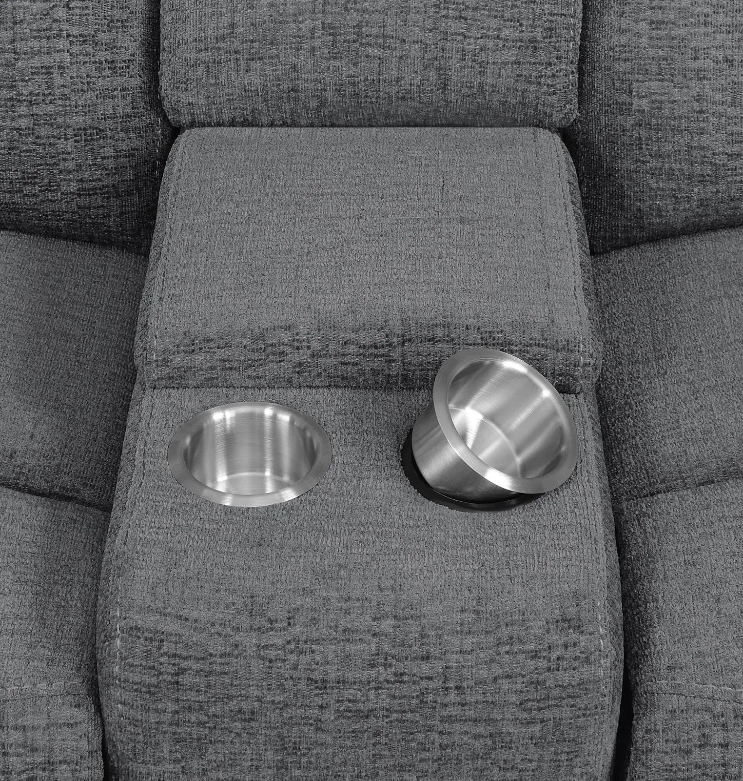 Bahrain Charcoal Upholstered Motion Loveseat with Console - Image 12
