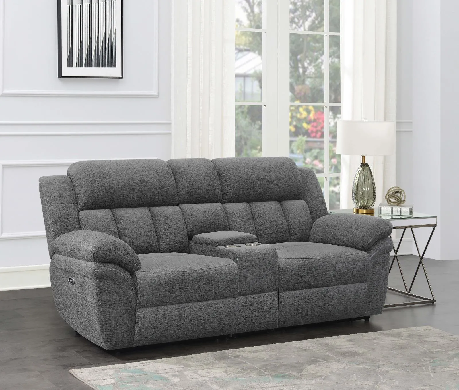 Bahrain Charcoal Upholstered Power Loveseat with Console - Image 9