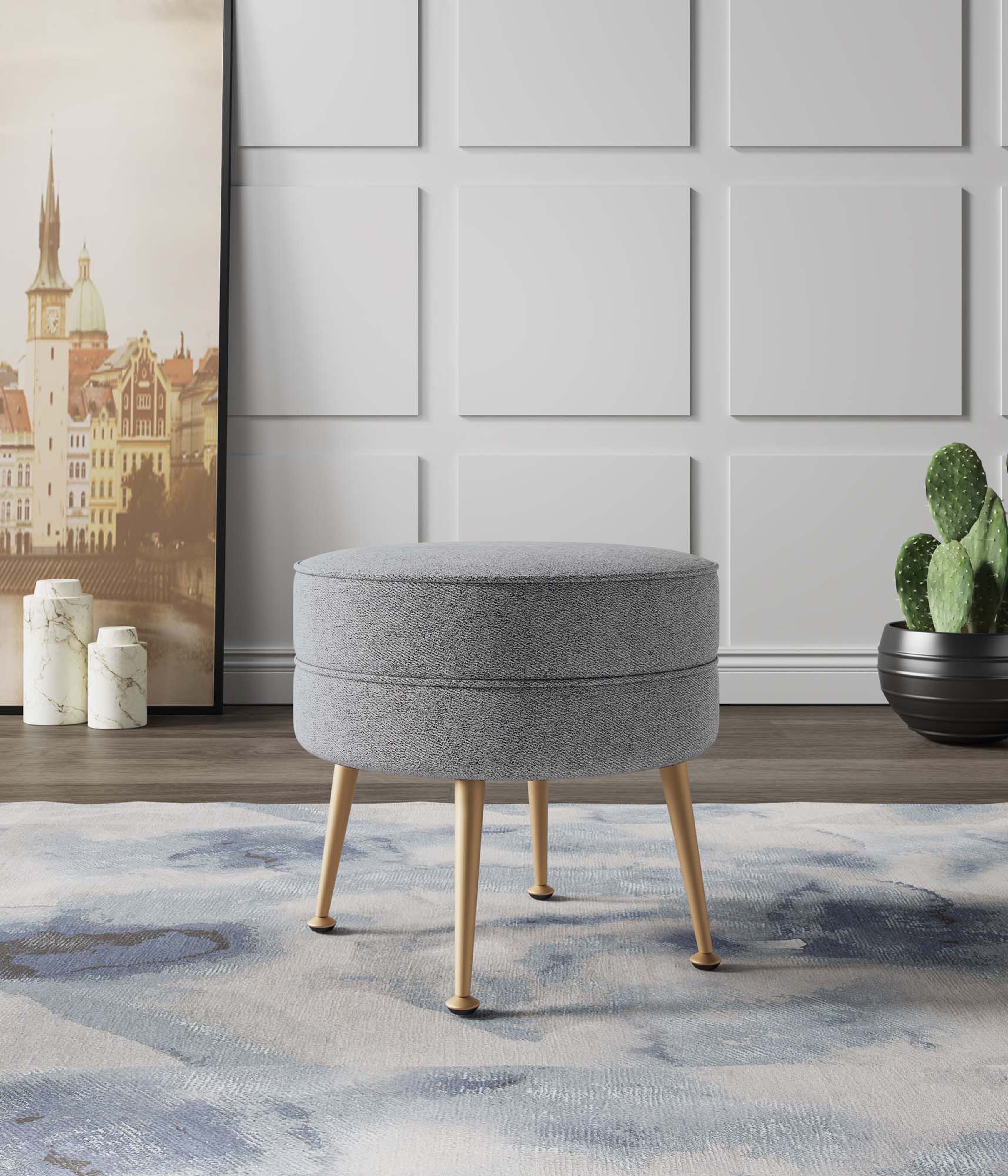 Bailey Ottoman in Grey with Gold Feet - Image 2