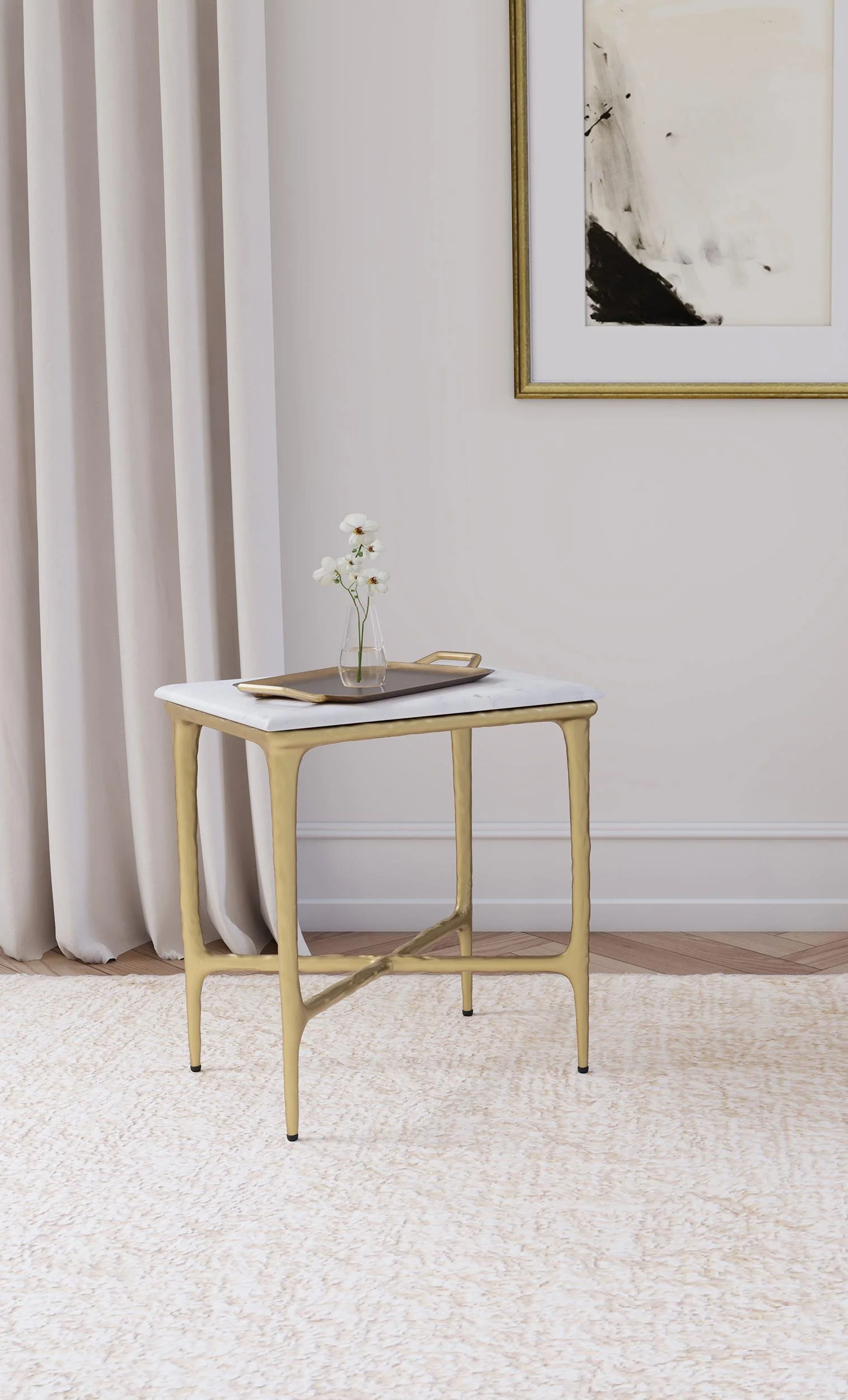 Baldwin White and Gold Rectangular Marble Top Side Table