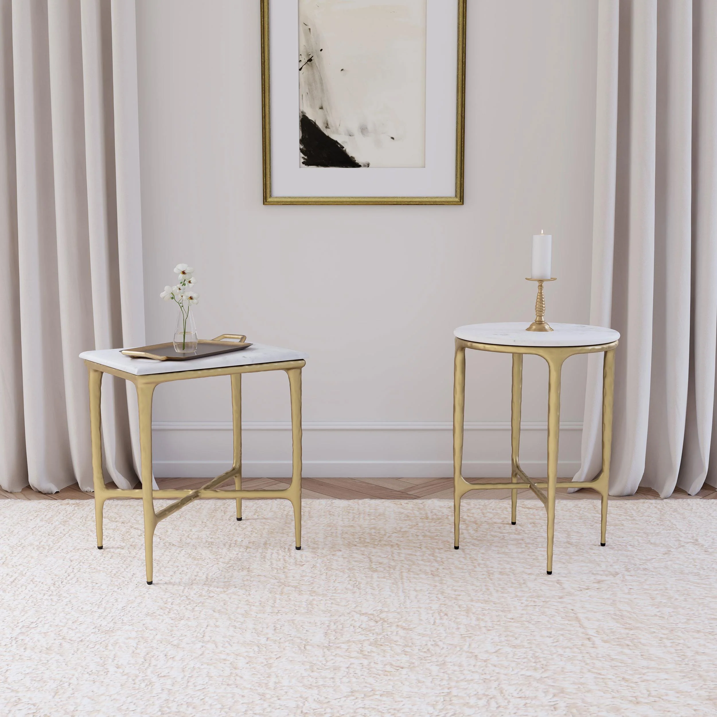 Baldwin White and Gold Rectangular Marble Top Side Table - Image 7