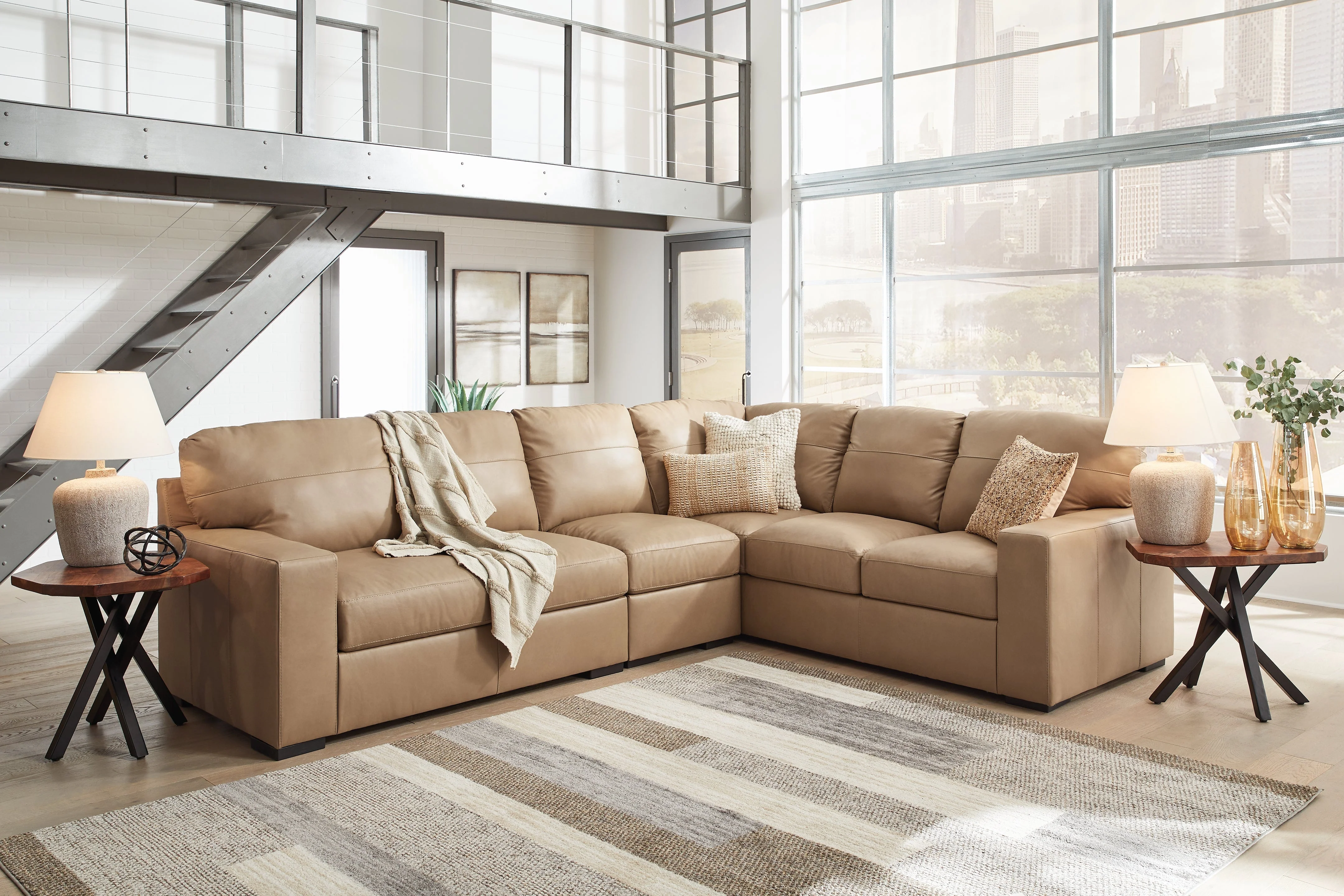 Bandon Toffee Leather 3-Piece Right Arm Facing RAF Sectional