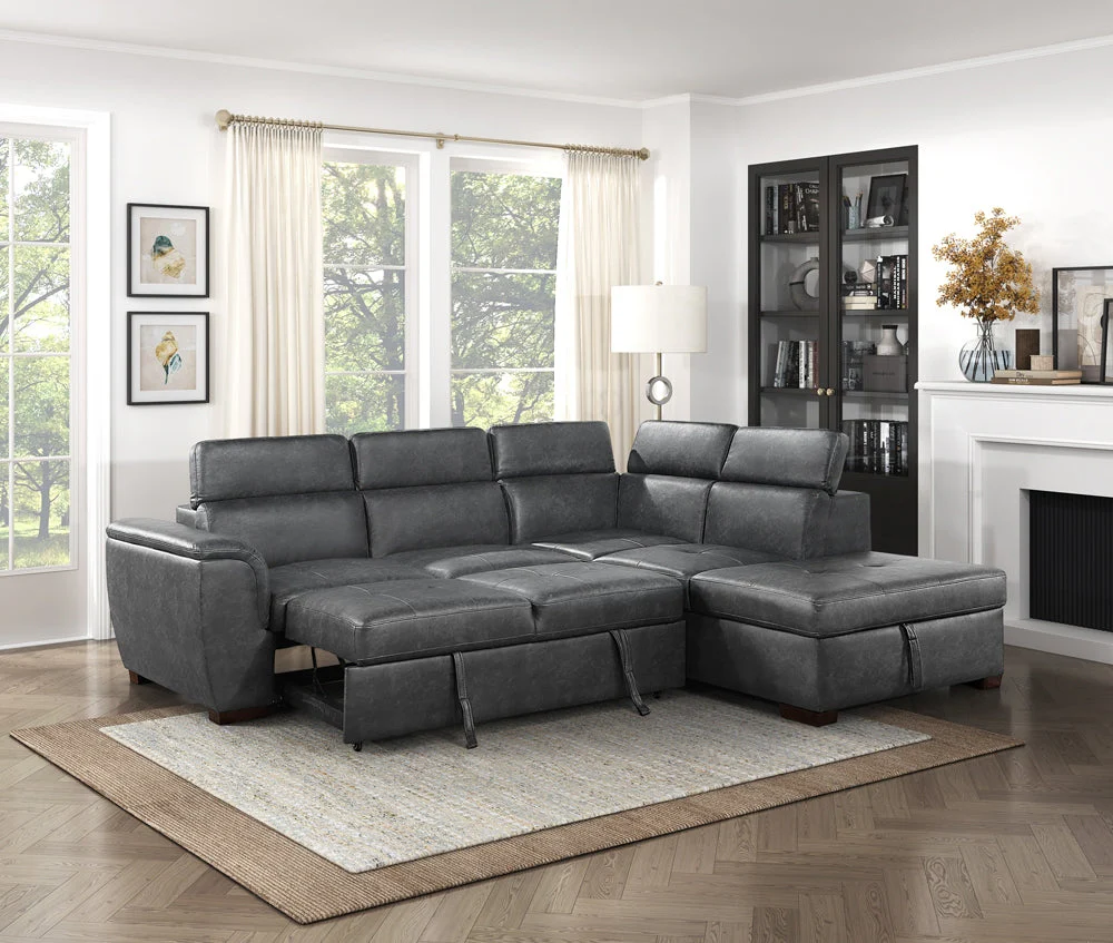 Barre Gray Faux Leather 2-Piece Storage Sleeper Sectional