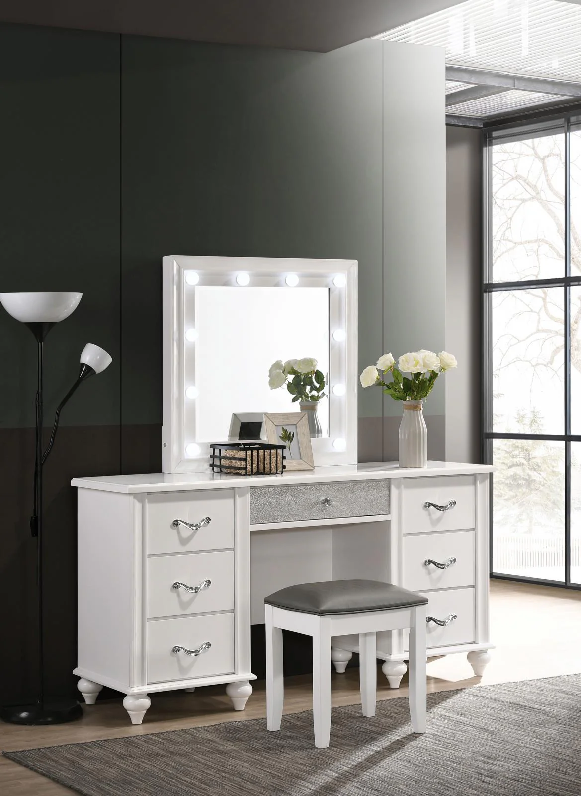 Barzini White 7-Drawer Vanity Desk with Lighted Mirror