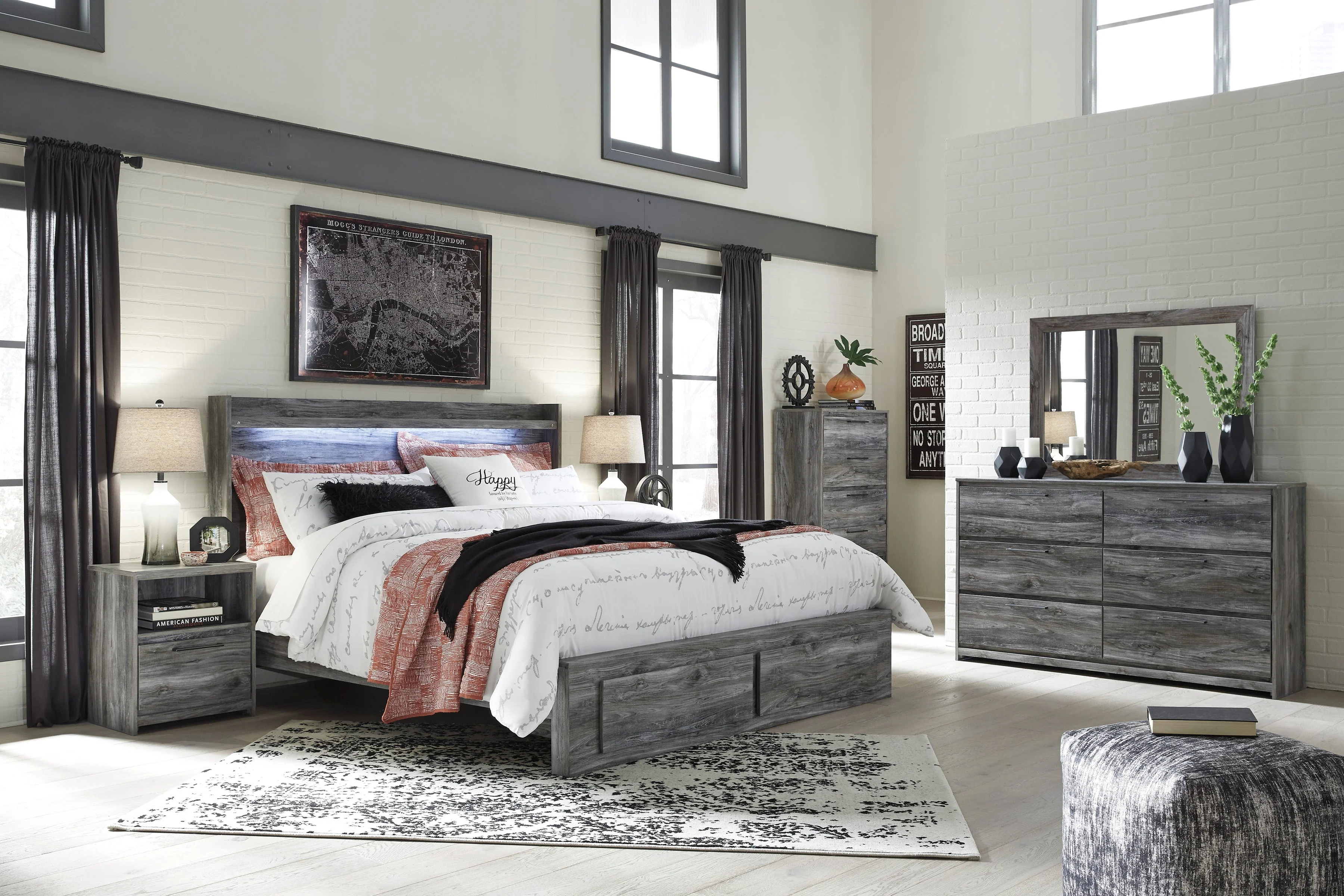 Baystorm Gray LED Storage Platform Bedroom Set