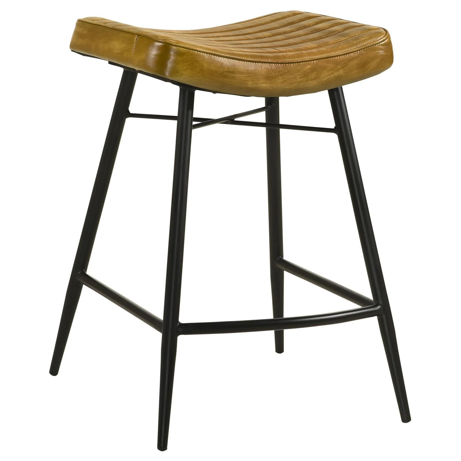 Bayu Leather Camel and Black Upholstered Saddle Seat Backless Counter Height Stool Antique (Set of 2) - Image 5