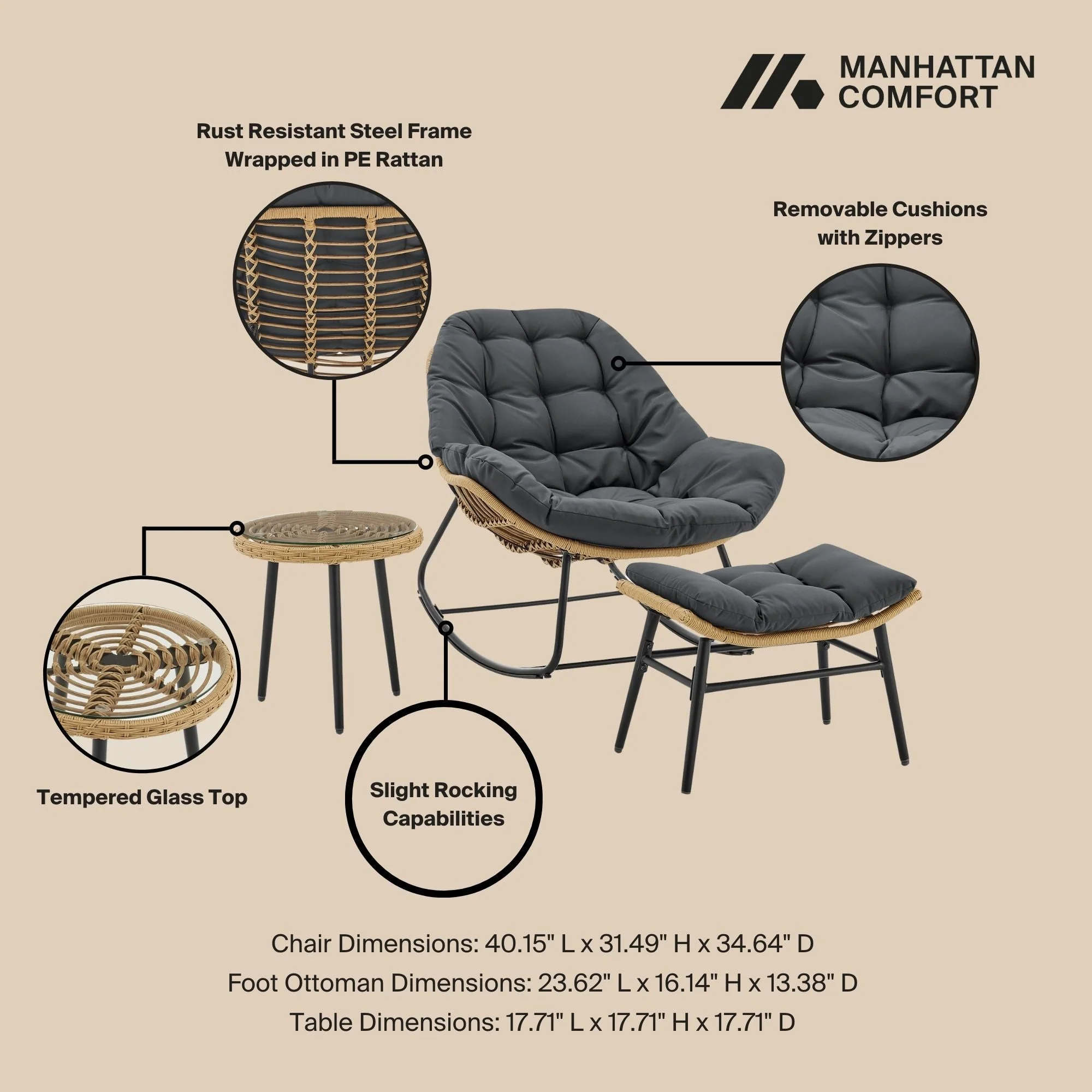 Benson 3-Piece Patio Rocking Chair with Ottoman and Table in Grey - Image 4