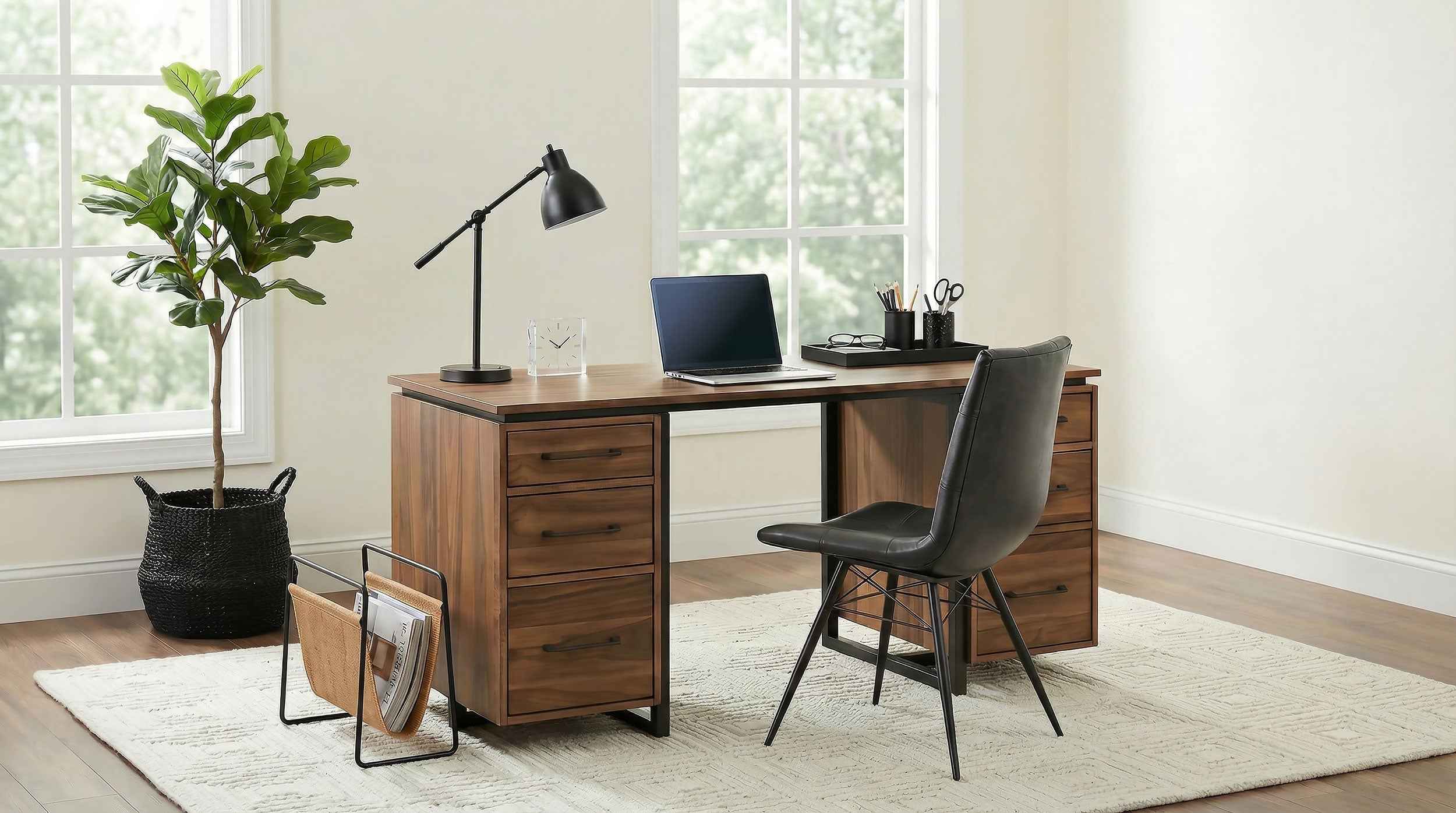 Berhalter Walnut Black 6-Drawer Double Pedestal File Computer Desk - Image 16