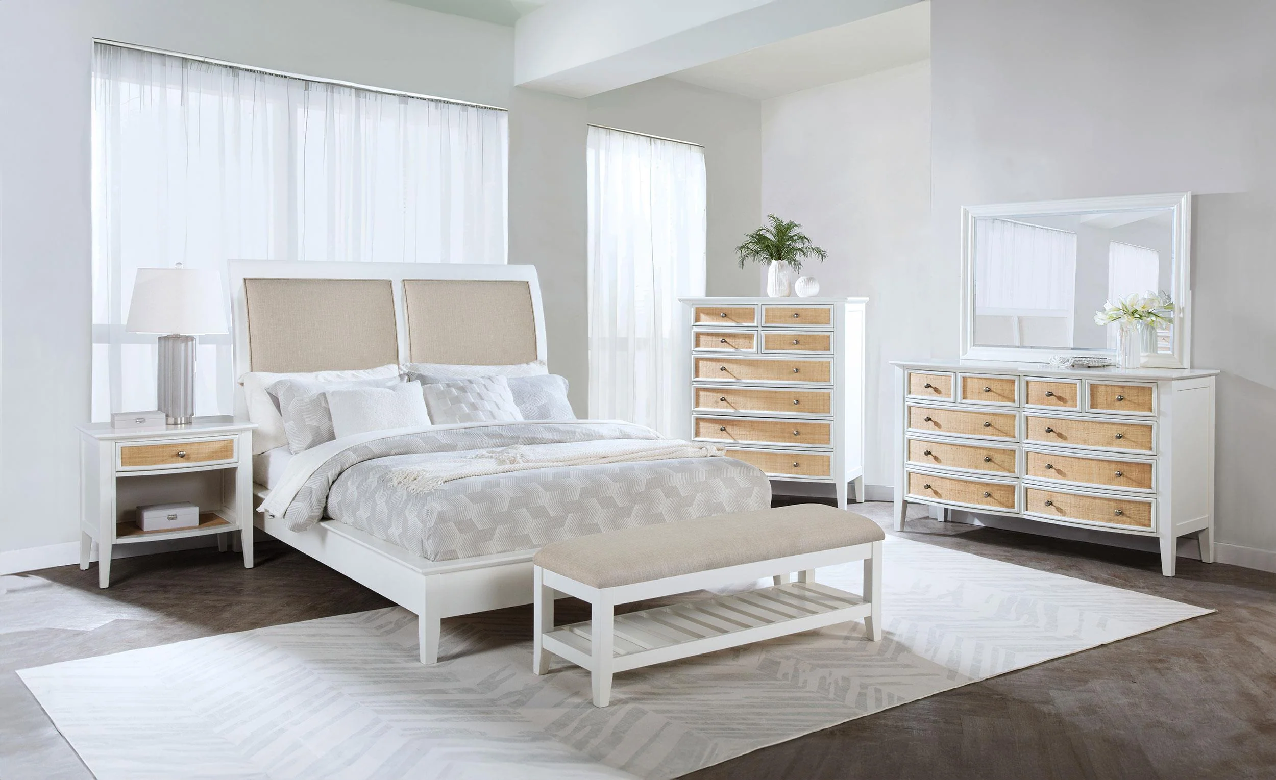 Bexhill White Upholstered Bench with Shelf - Image 7