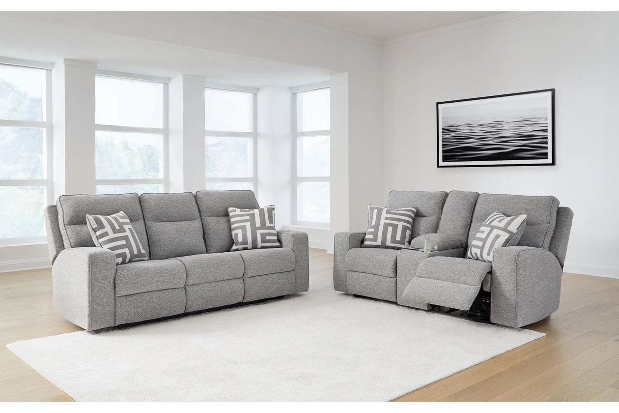 Biscoe Pewter Performance Fabric Dual Power Reclining Sofa and Loveseat