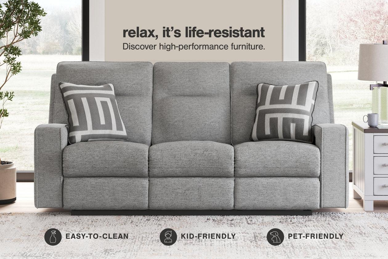 Biscoe Pewter Performance Fabric Dual Power Reclining Sofa and Loveseat - Image 3